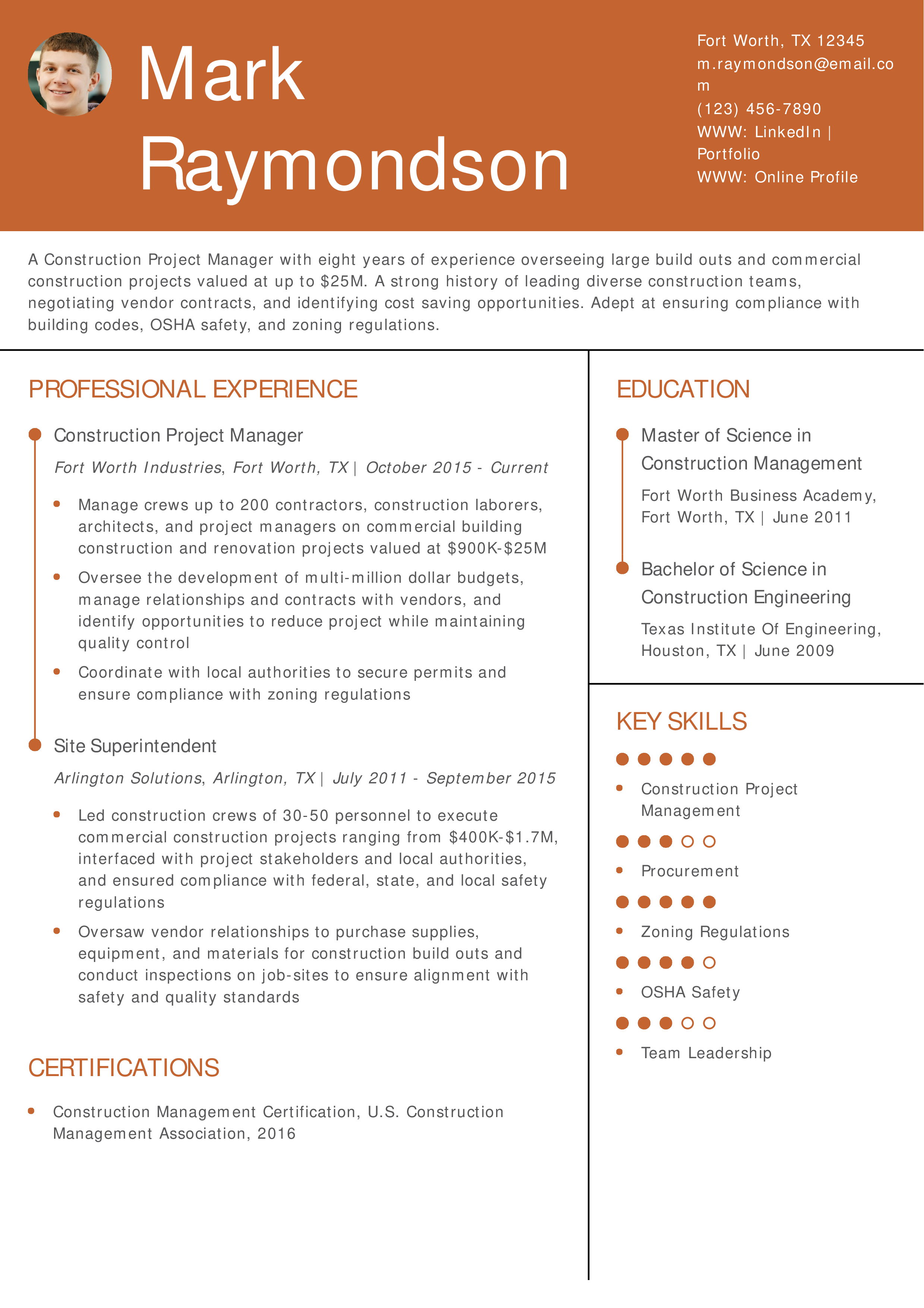 Construction Project Manager Resume