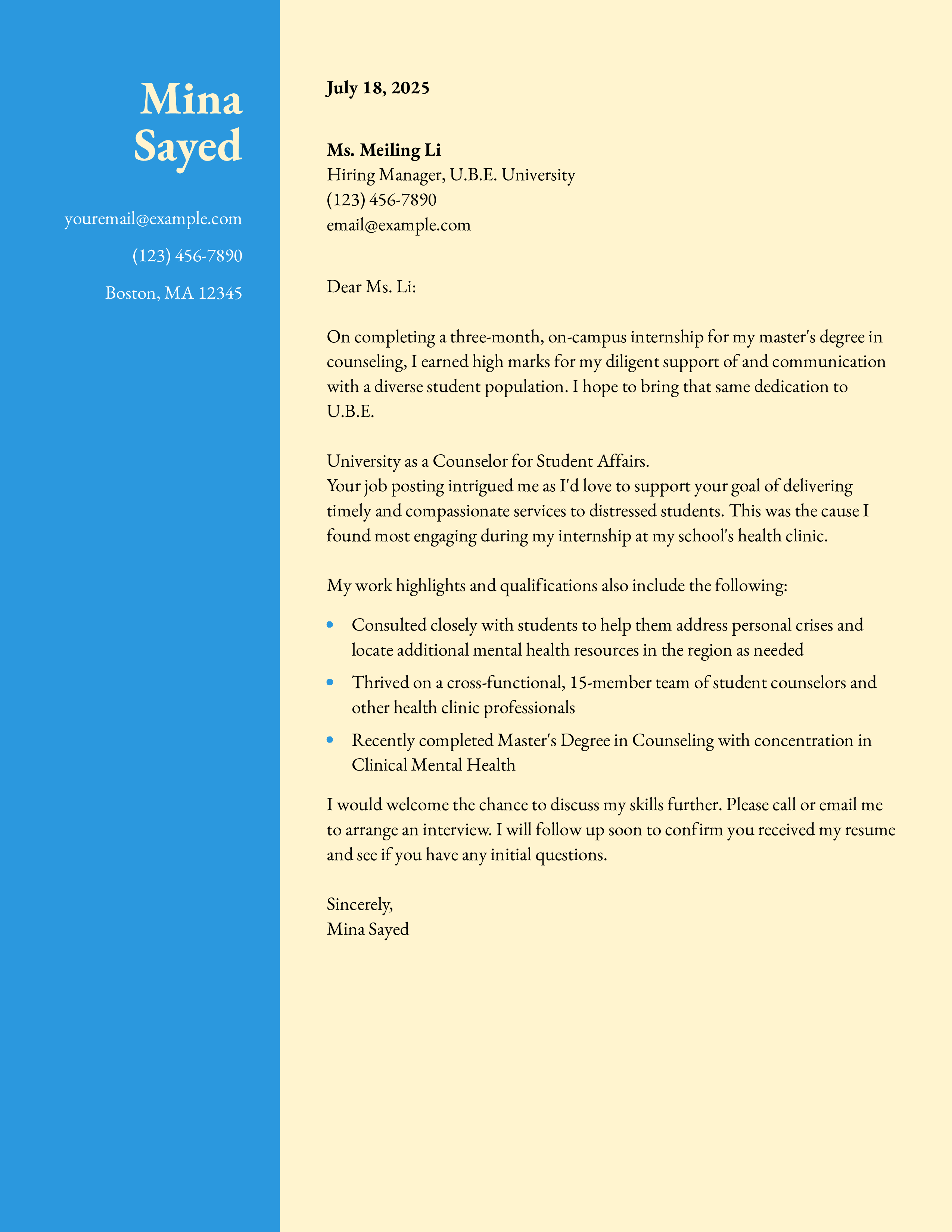 Counselor No Experience Cover Letter