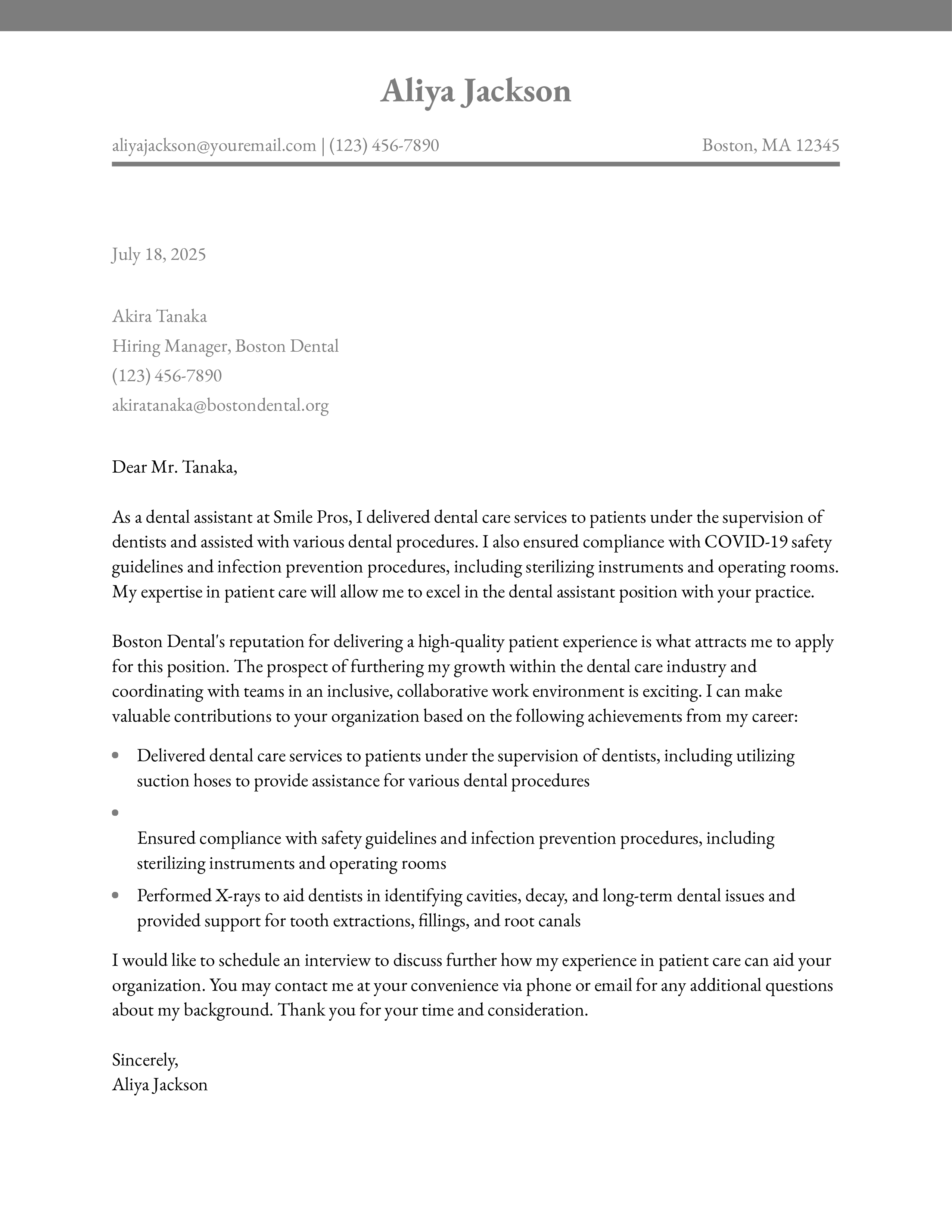 Dental Assistant Cover Letter