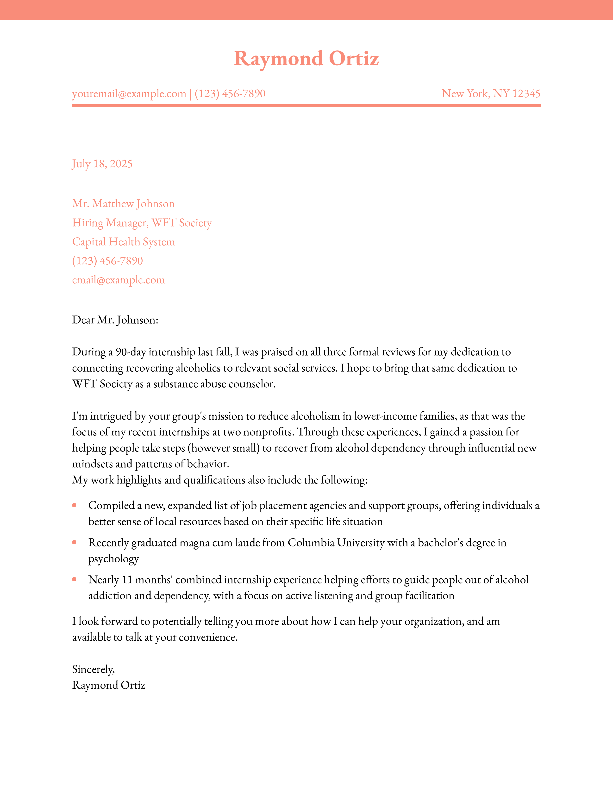 Entry-level Counselor Cover Letter