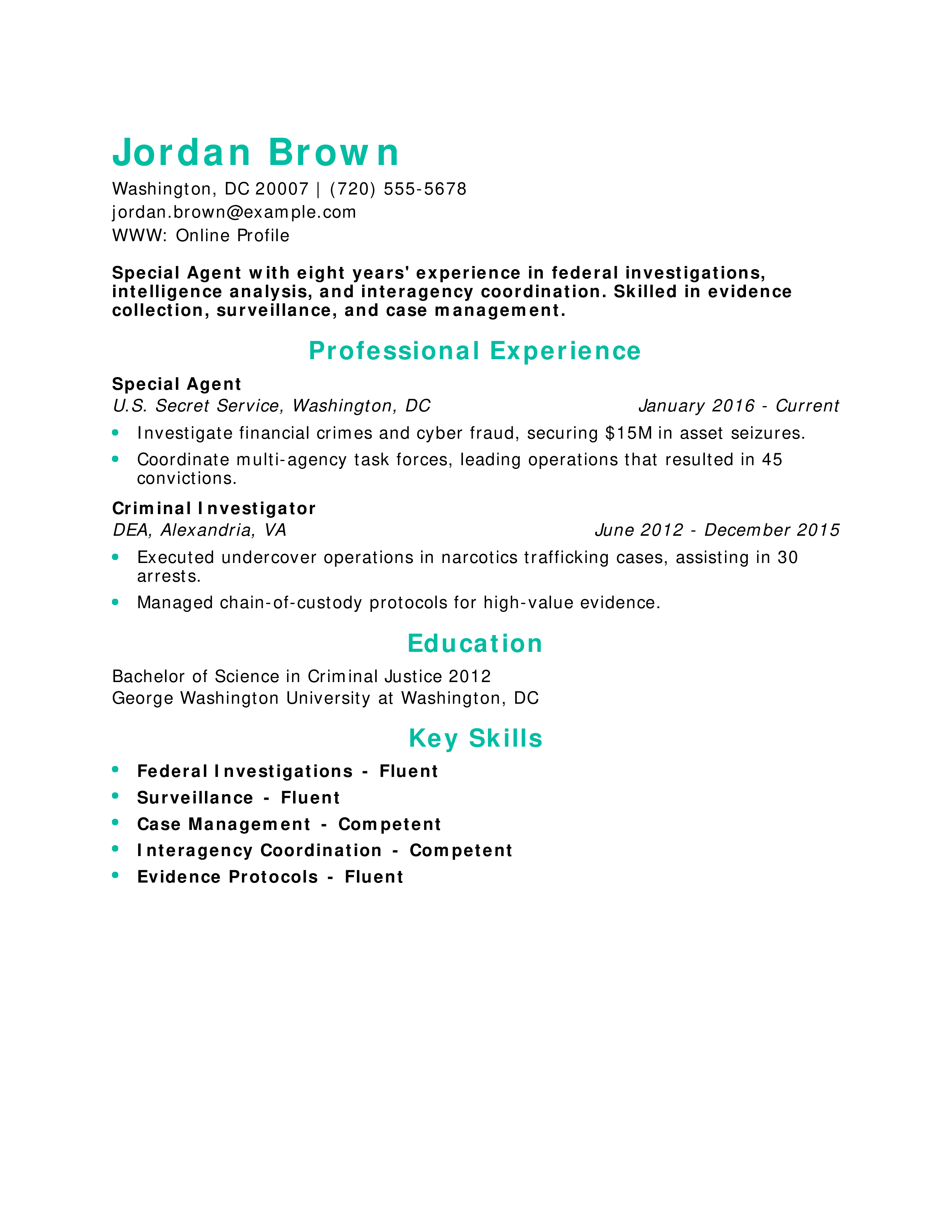Federal Law Enforcement Agent Resume