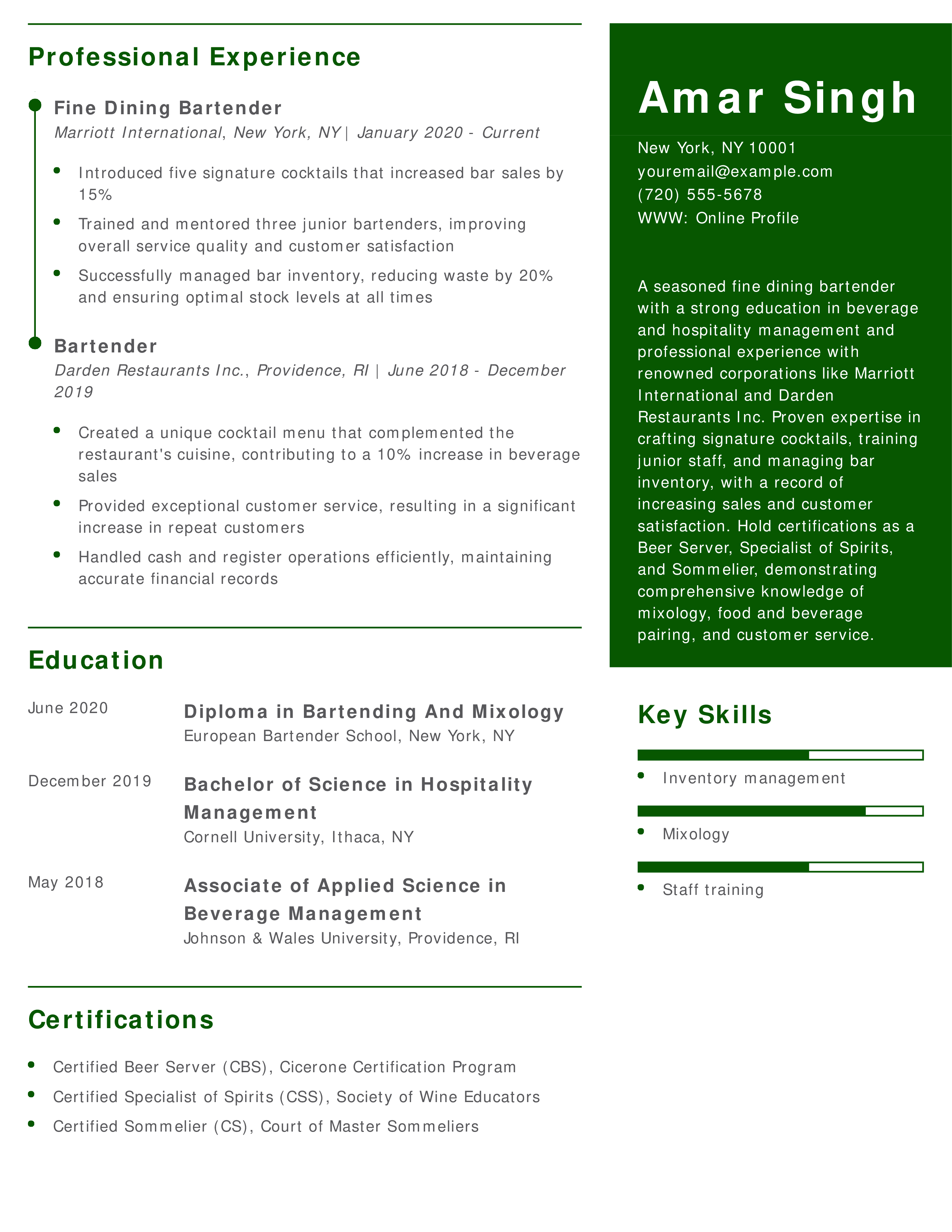 Fine Dining Bartender Resume