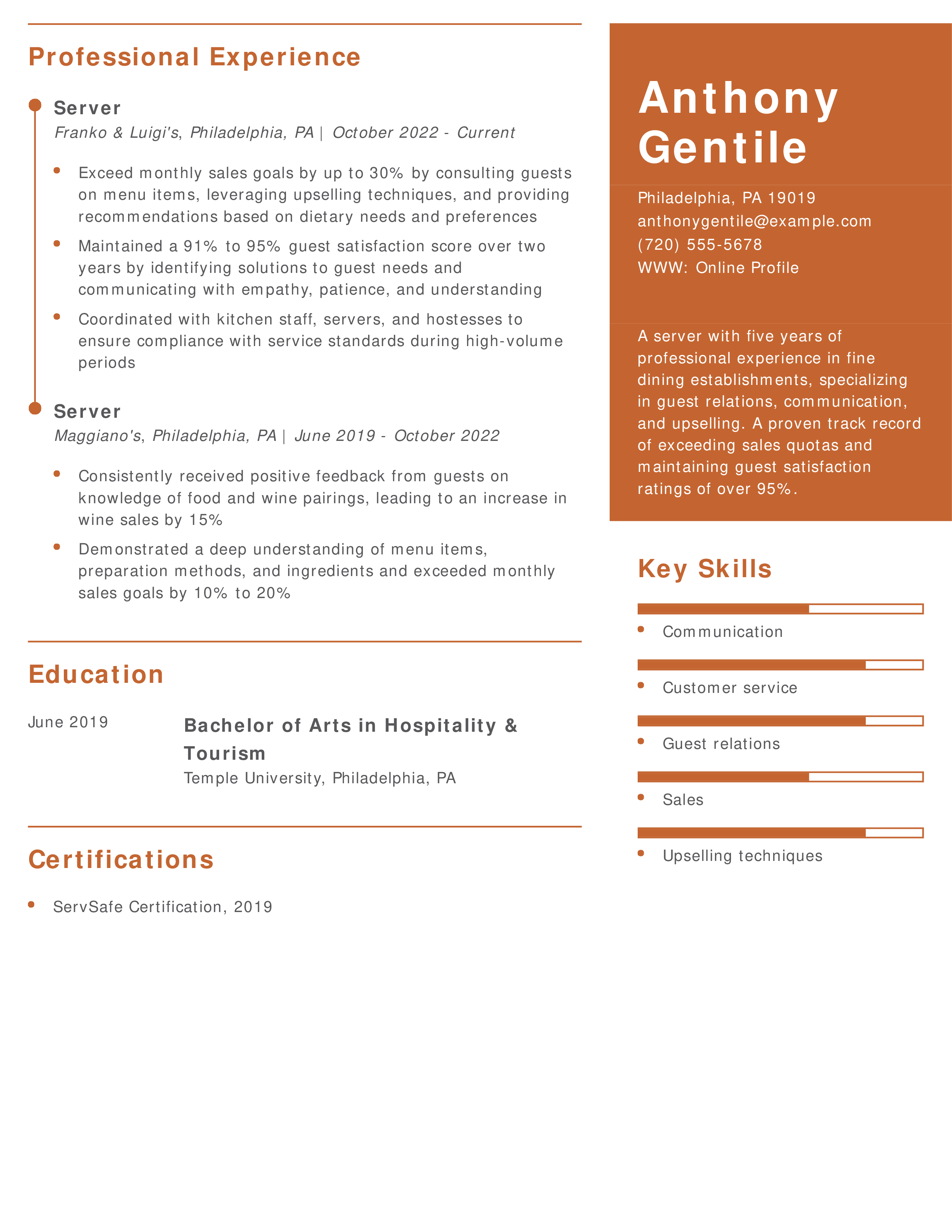 Fine Dining Server Resume