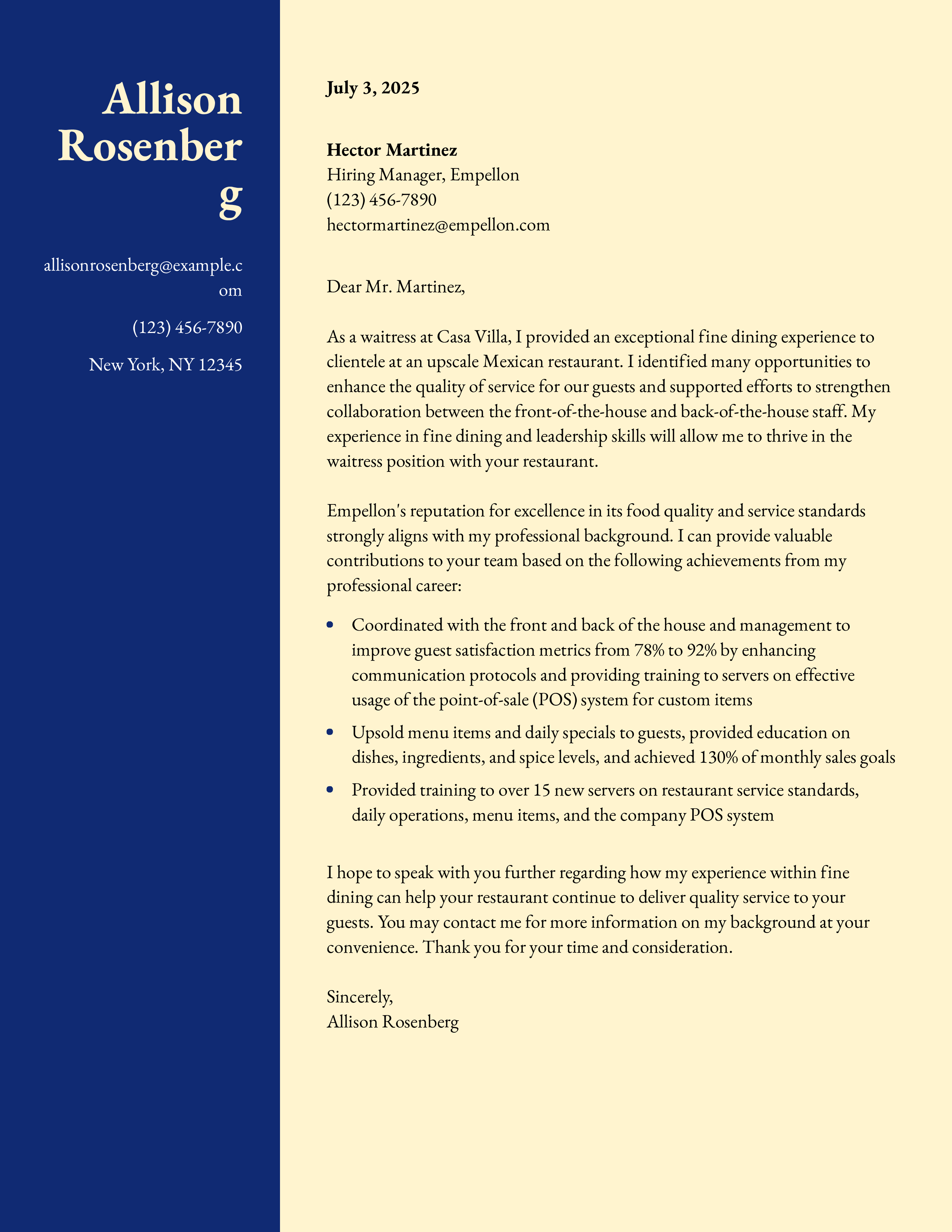 Fine-Dining Waiter/Waitress Cover Letter