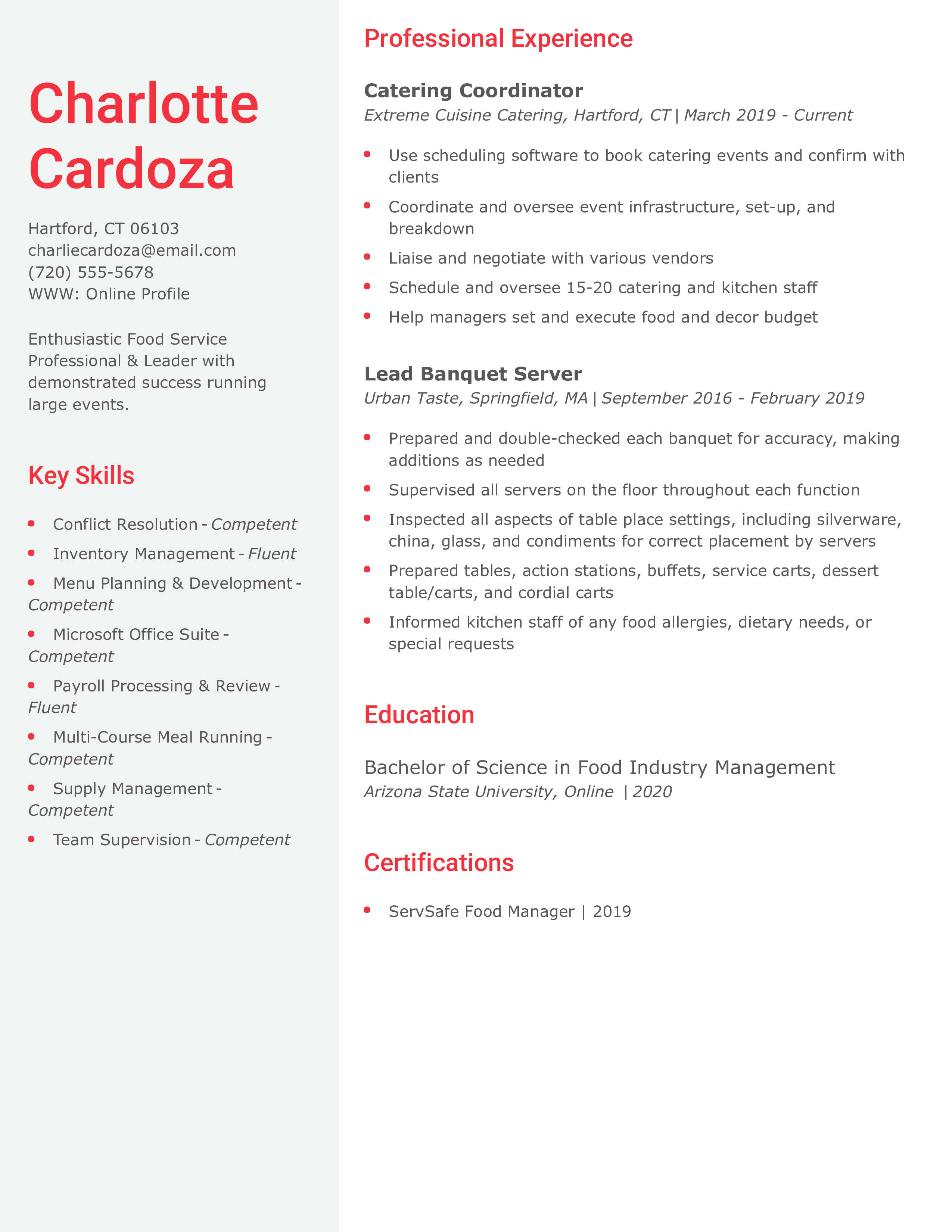 Food Service Professional and Leader Resume