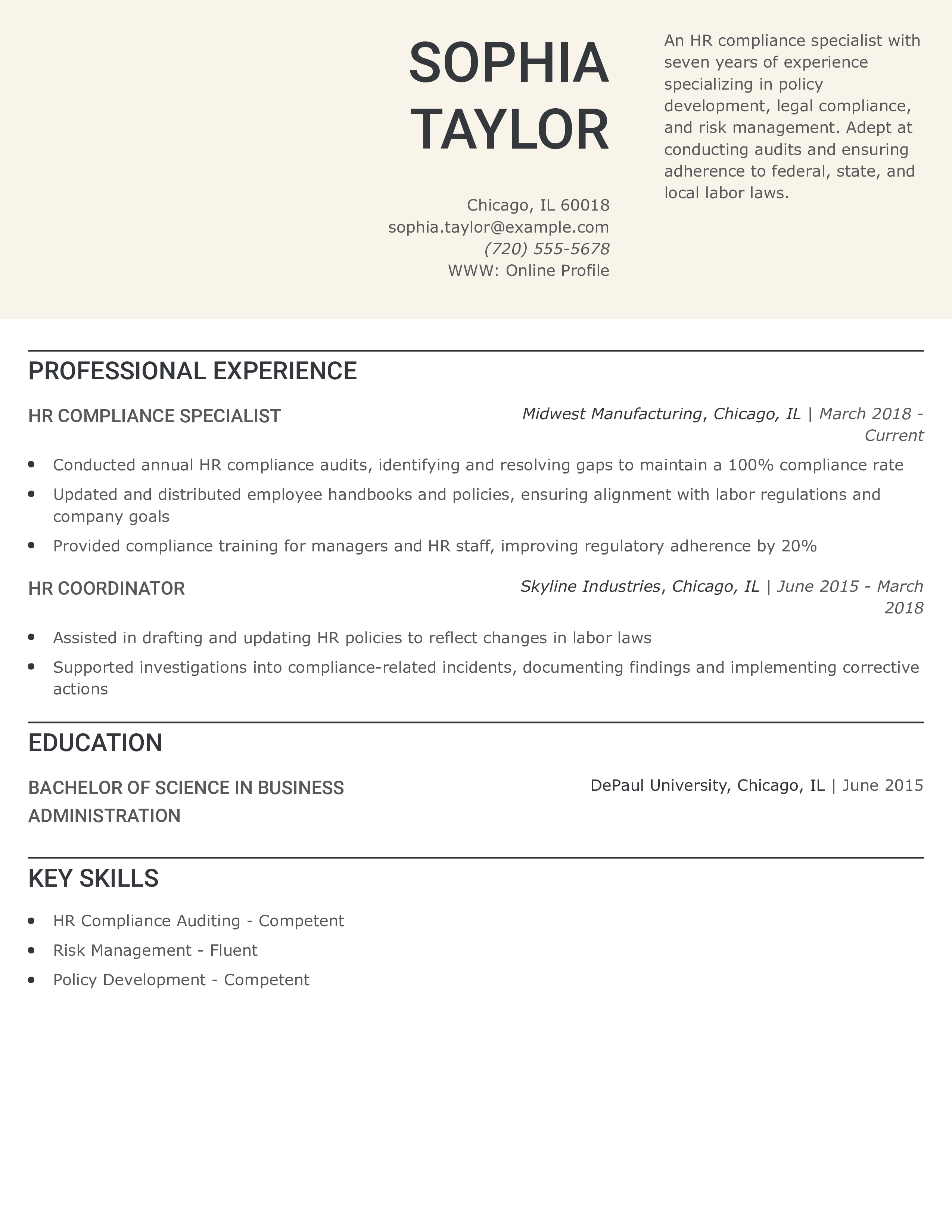 HR Compliance Resume