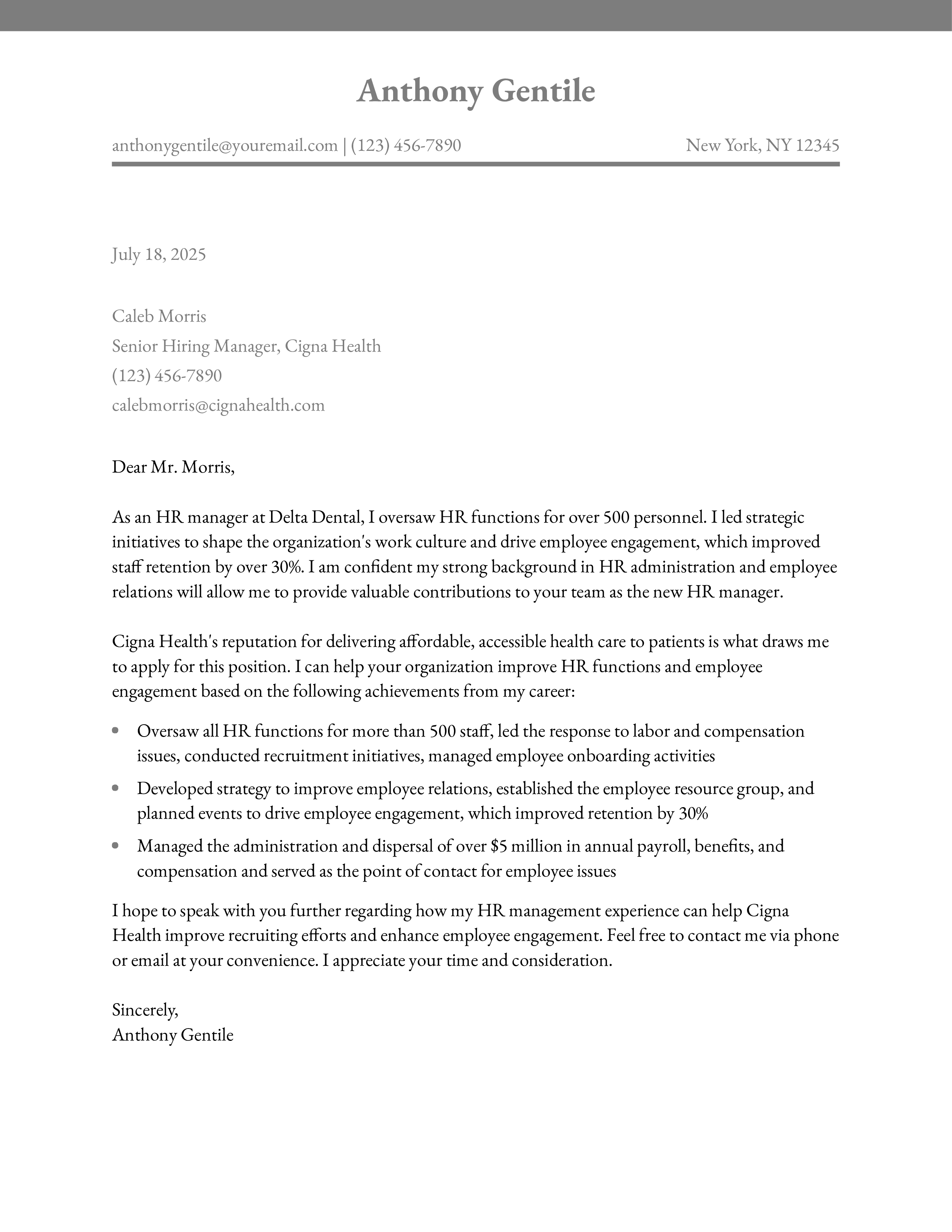HR Manger Cover Letter