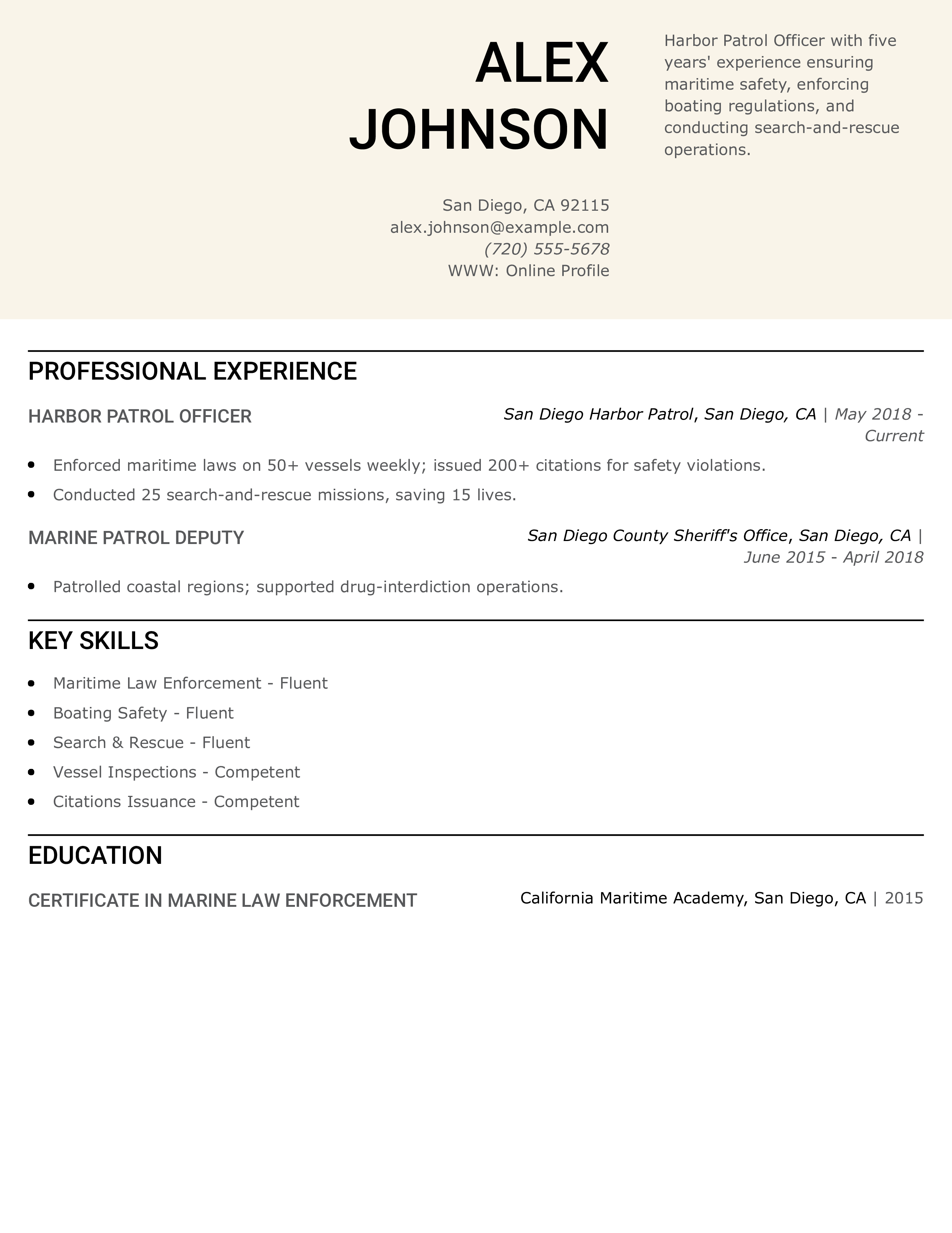 Harbor Patrol Officer Resume