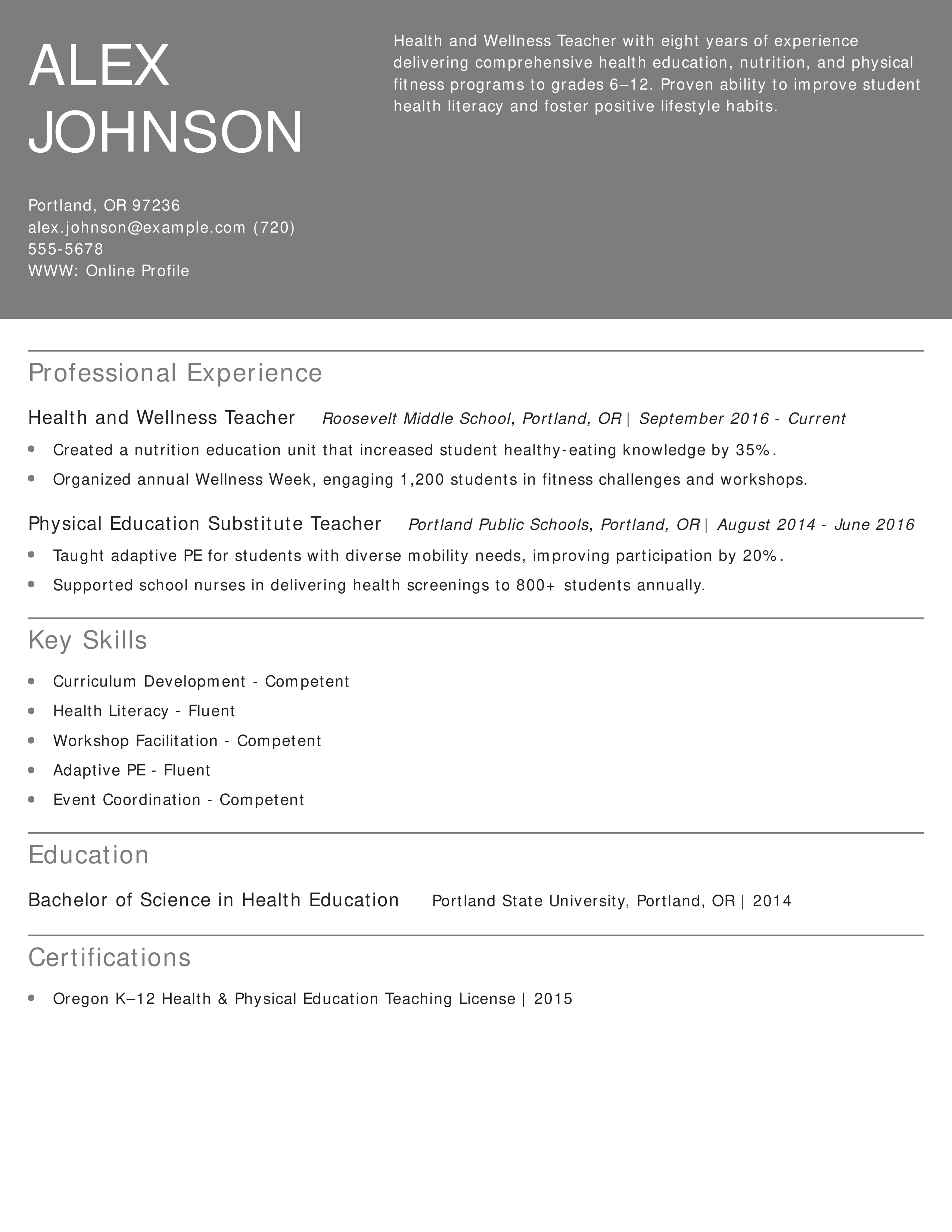 Health and Wellness Teacher Resume