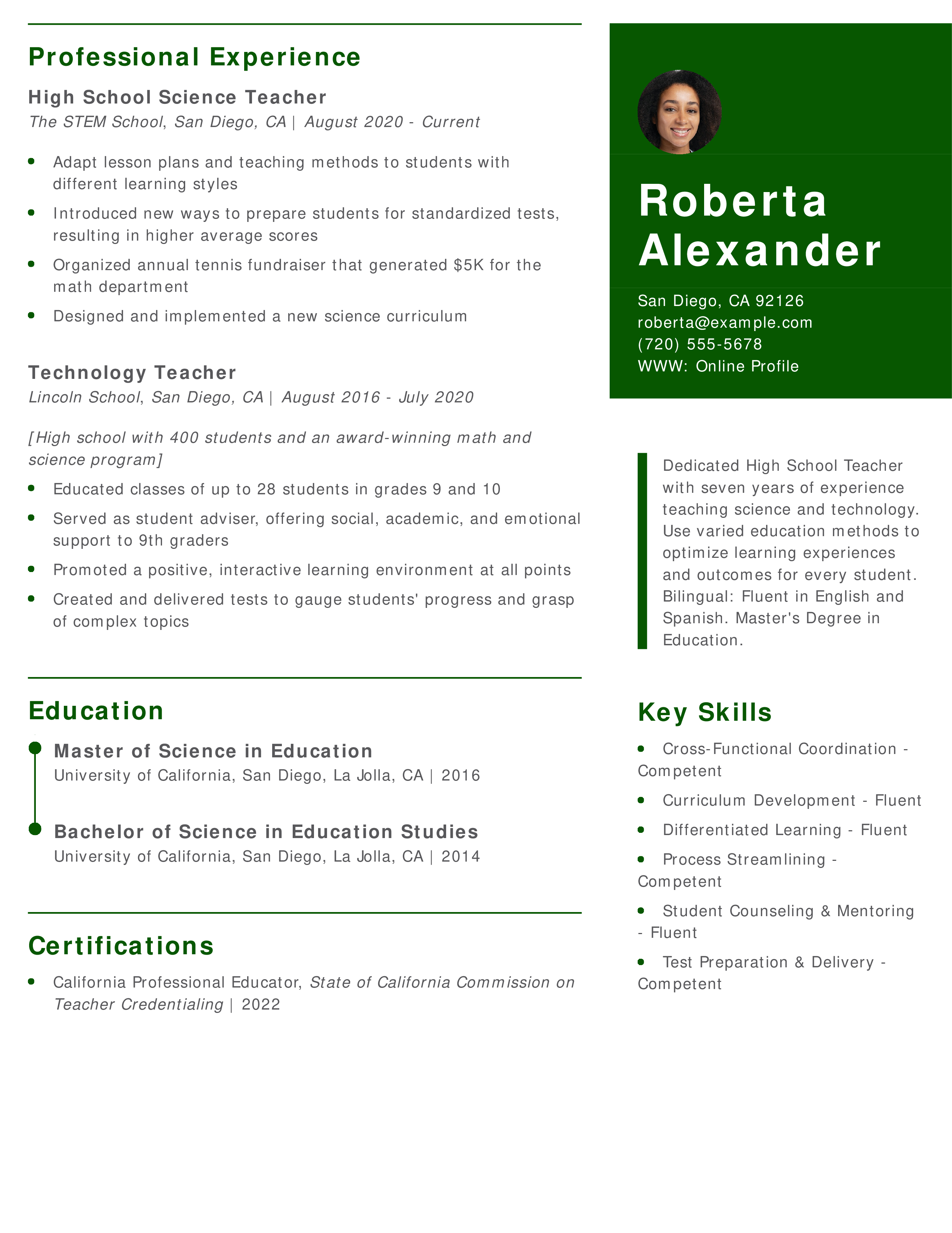 High School Teacher Resume