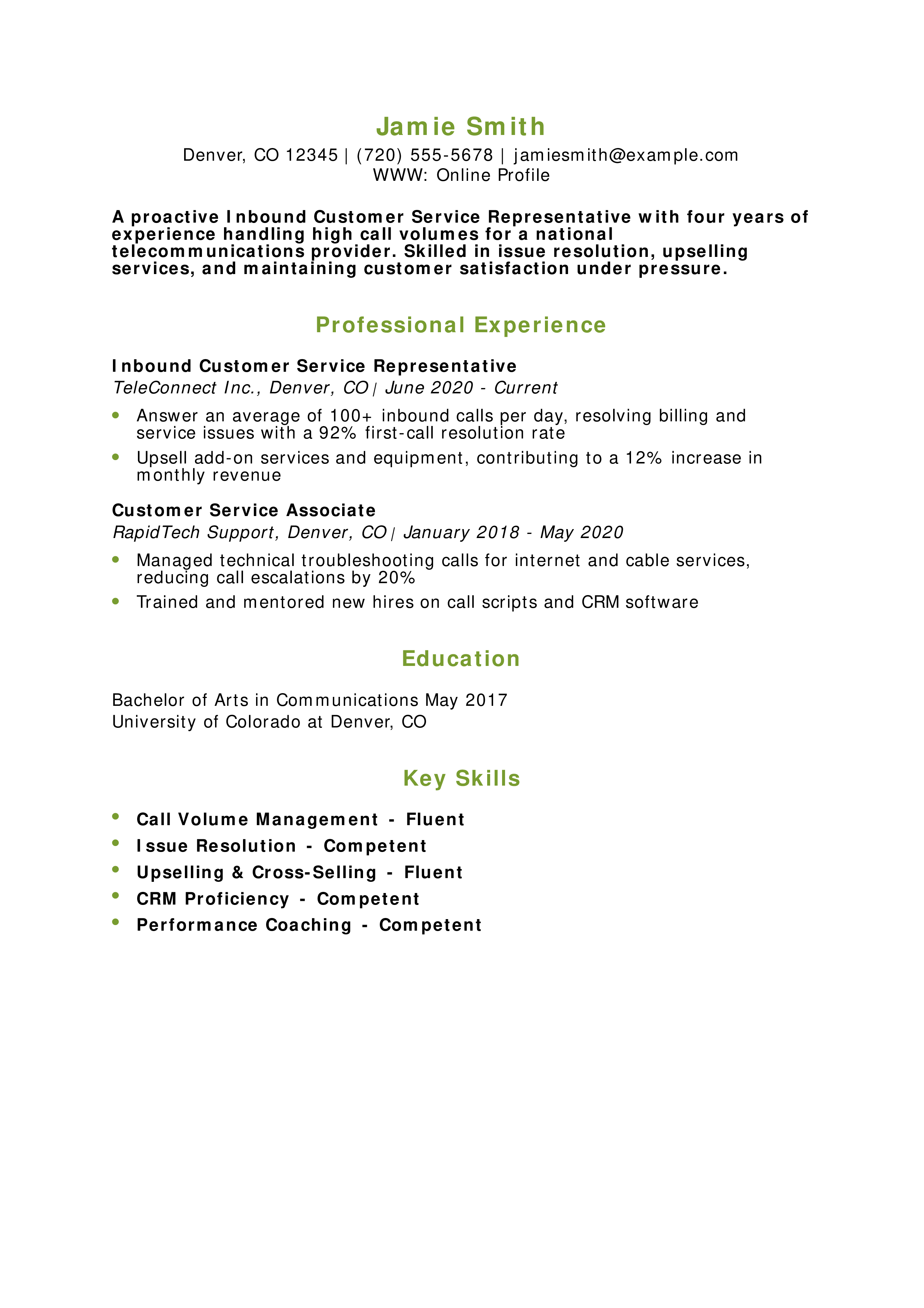 Inbound Customer Service Representative Resume