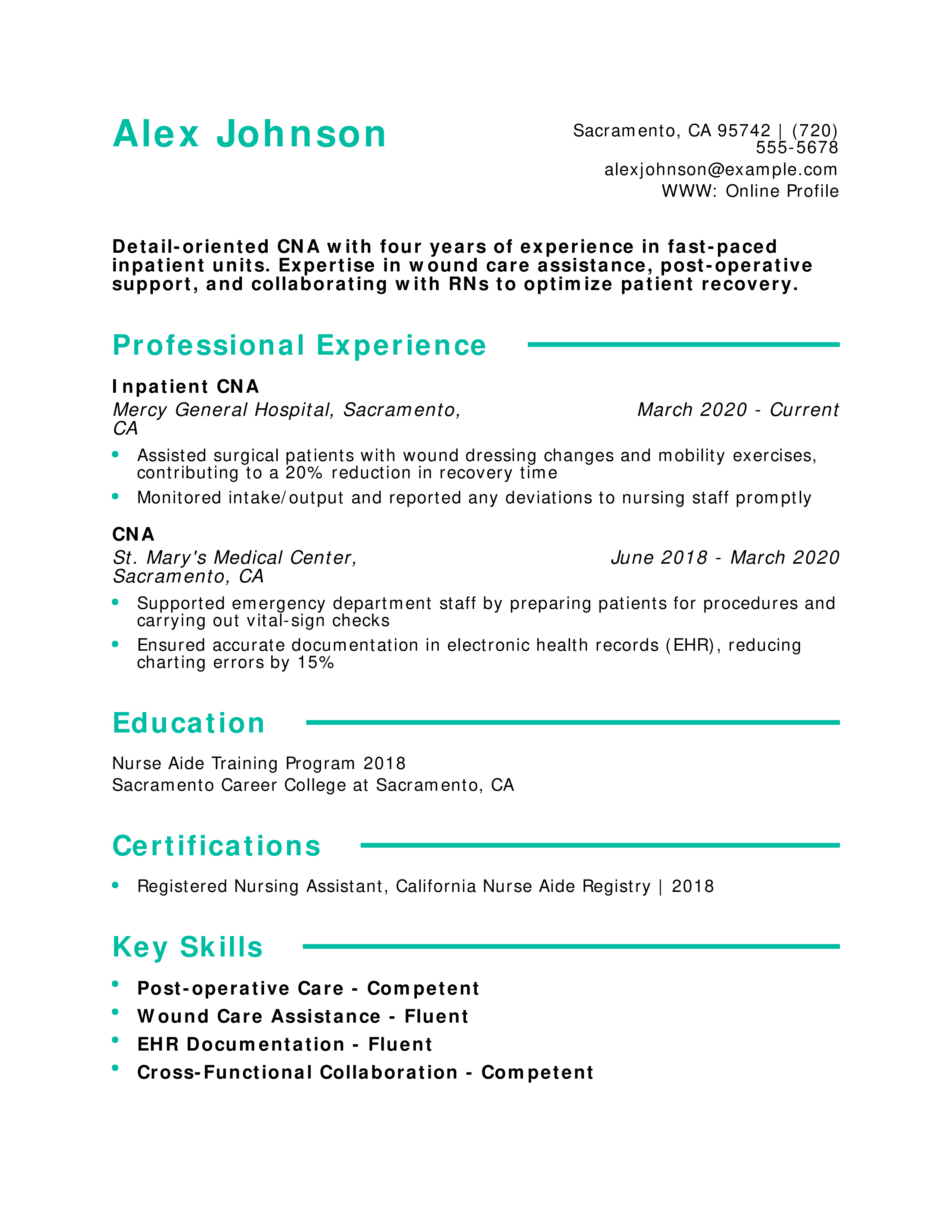 Inpatient CNA Resume