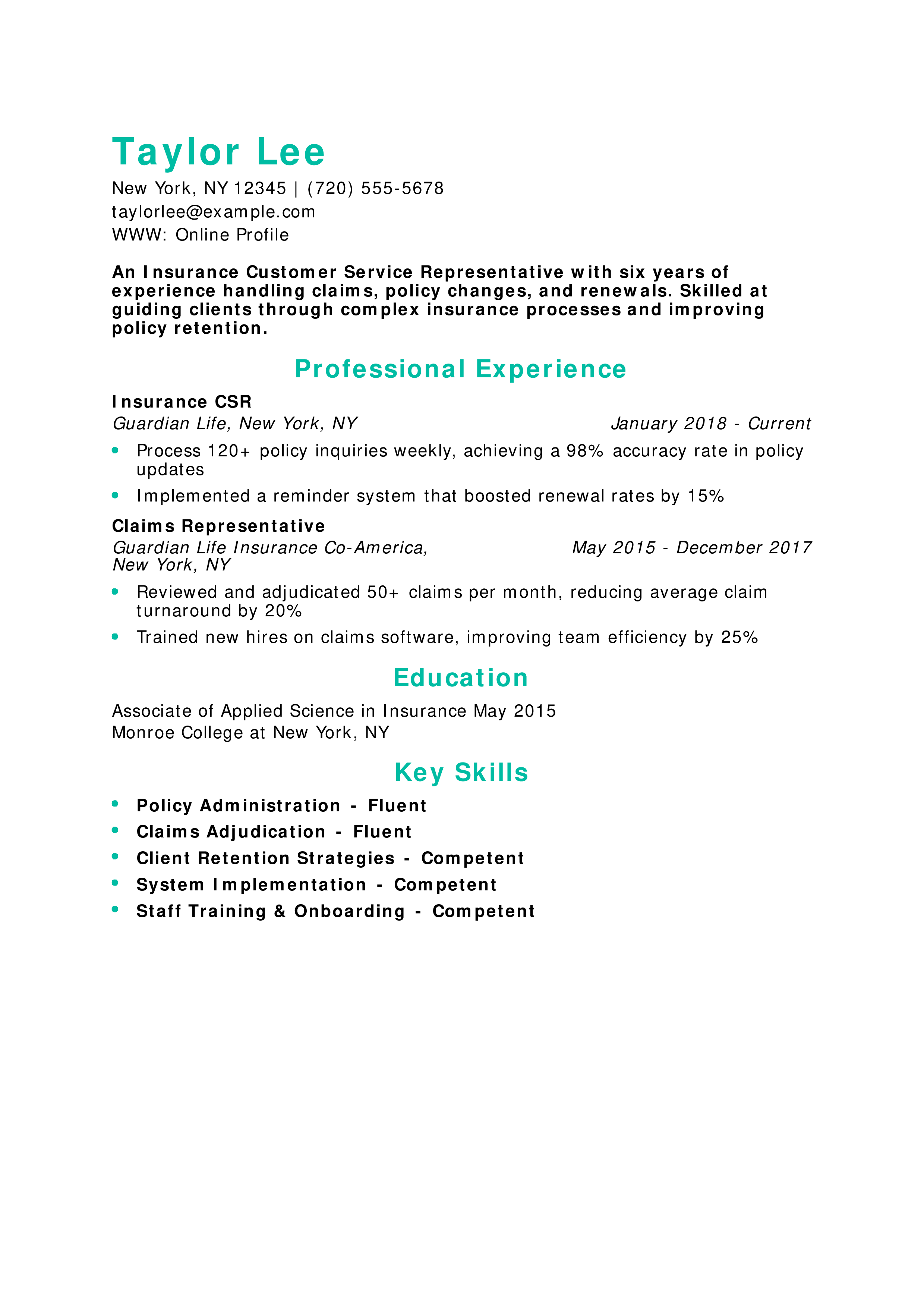 Insurance Customer Service Representative Resume