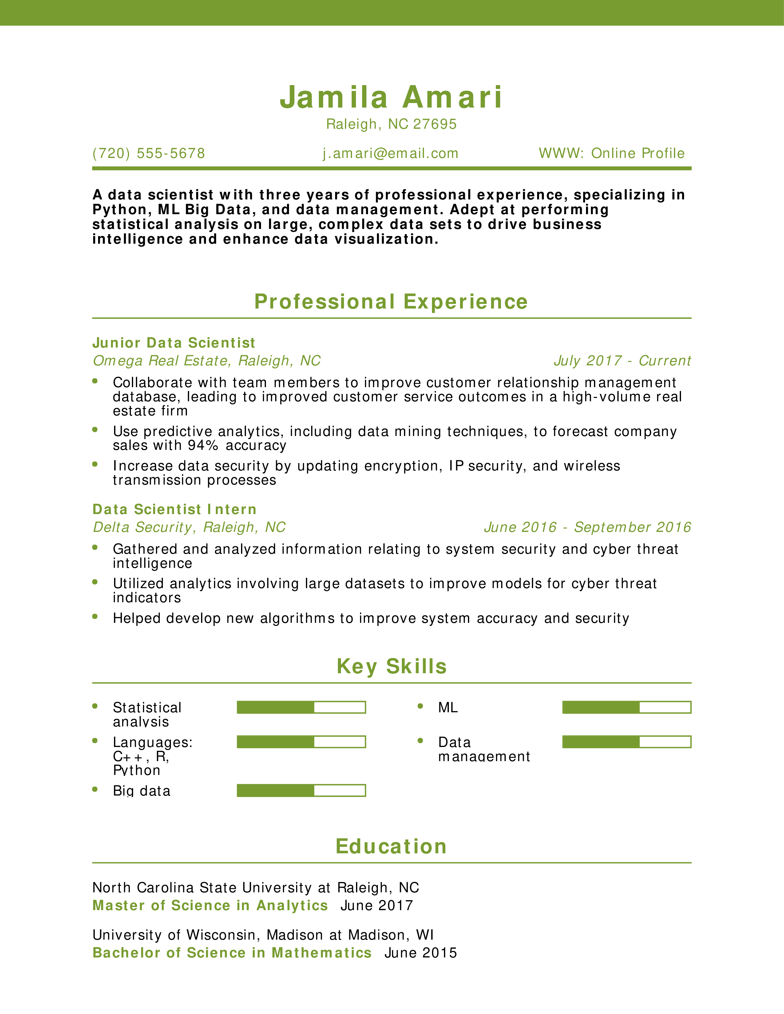 Junior Data Scientist Resume