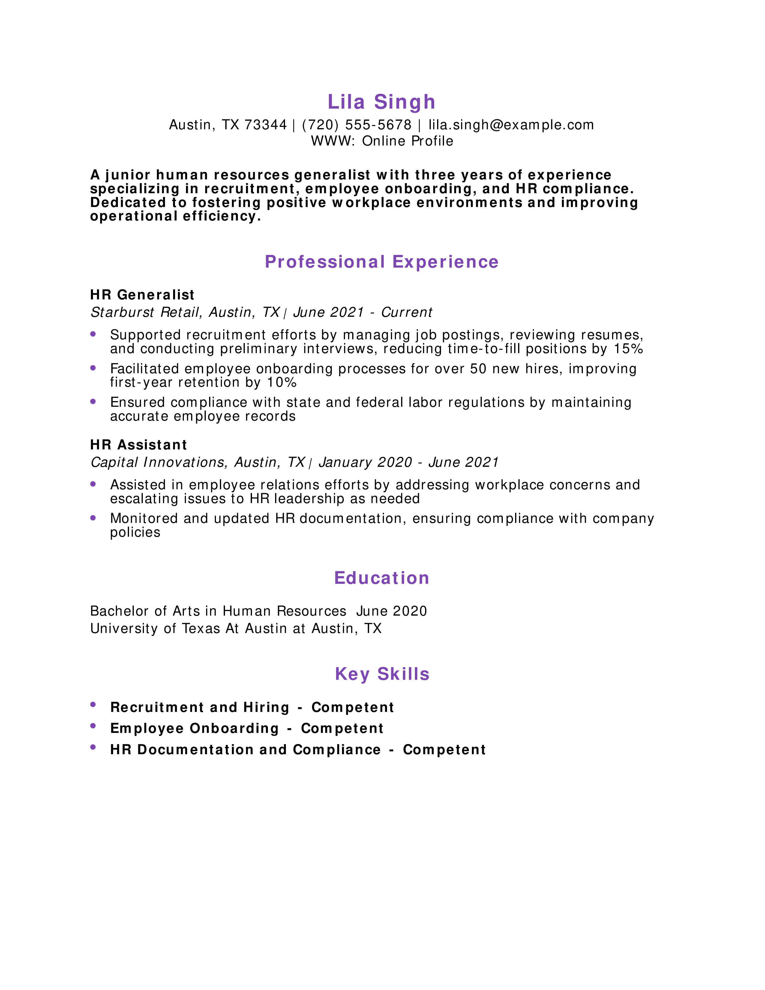 Junior Human Resources Generalist Resume