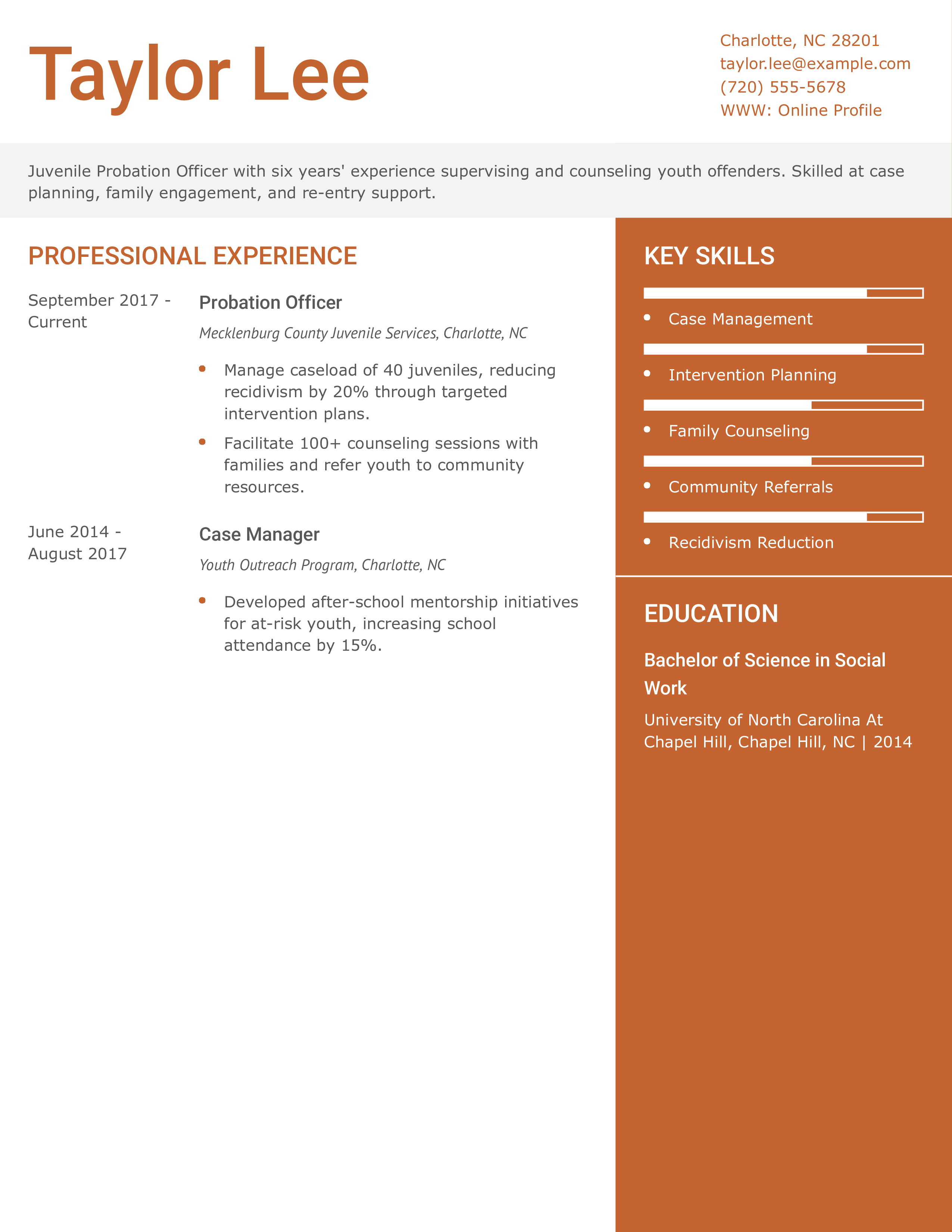 Juvenile Probation Officer Resume