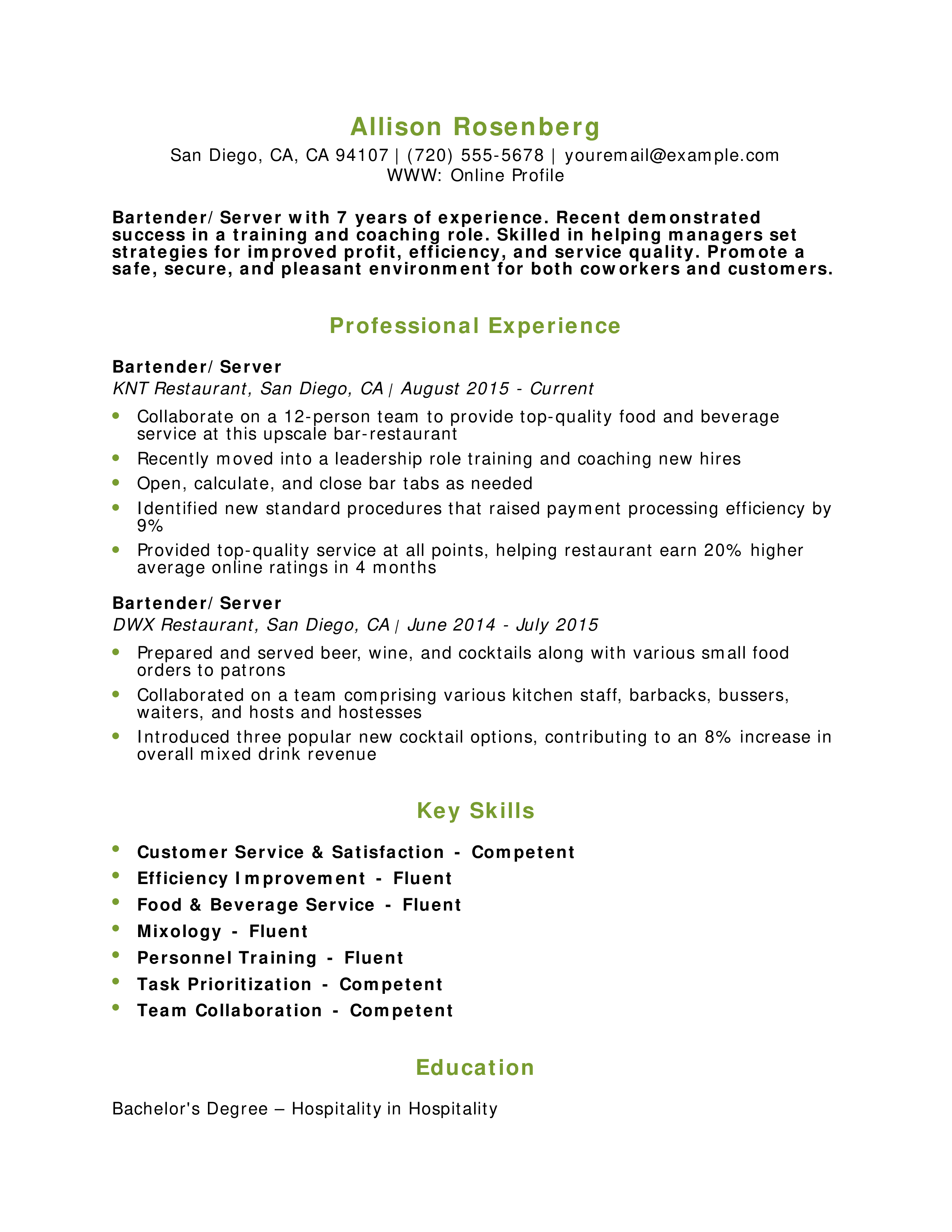 Lead Bartender Resume