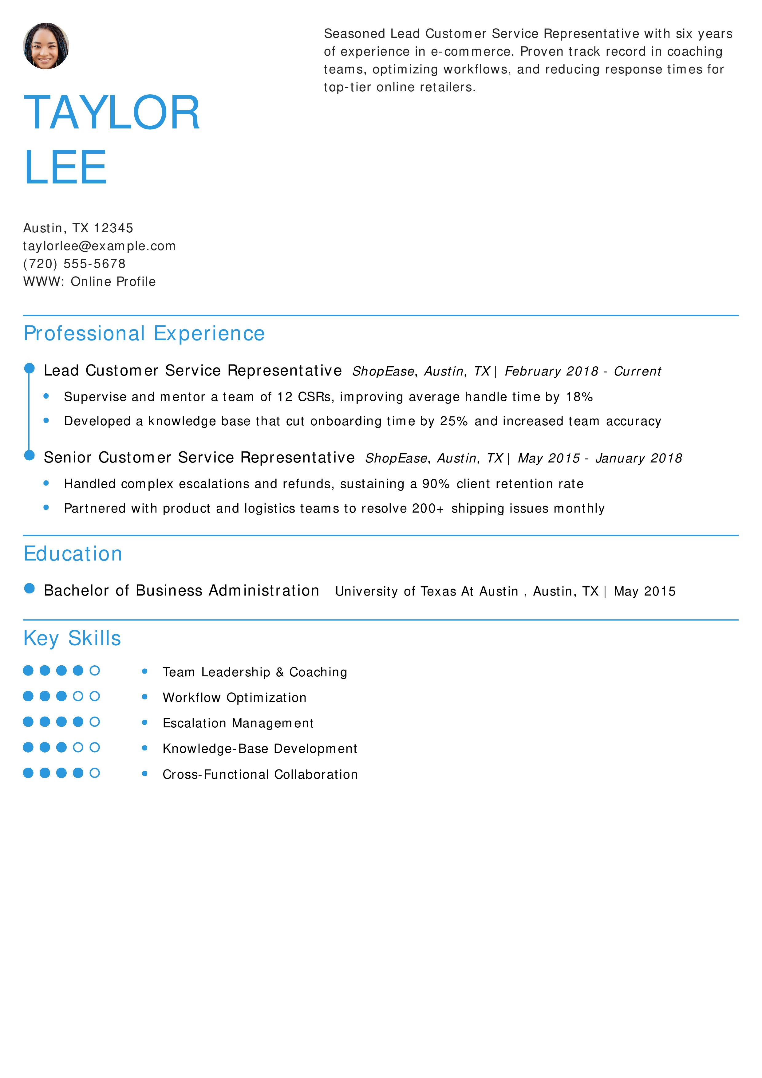 Lead Customer Service Representative Resume