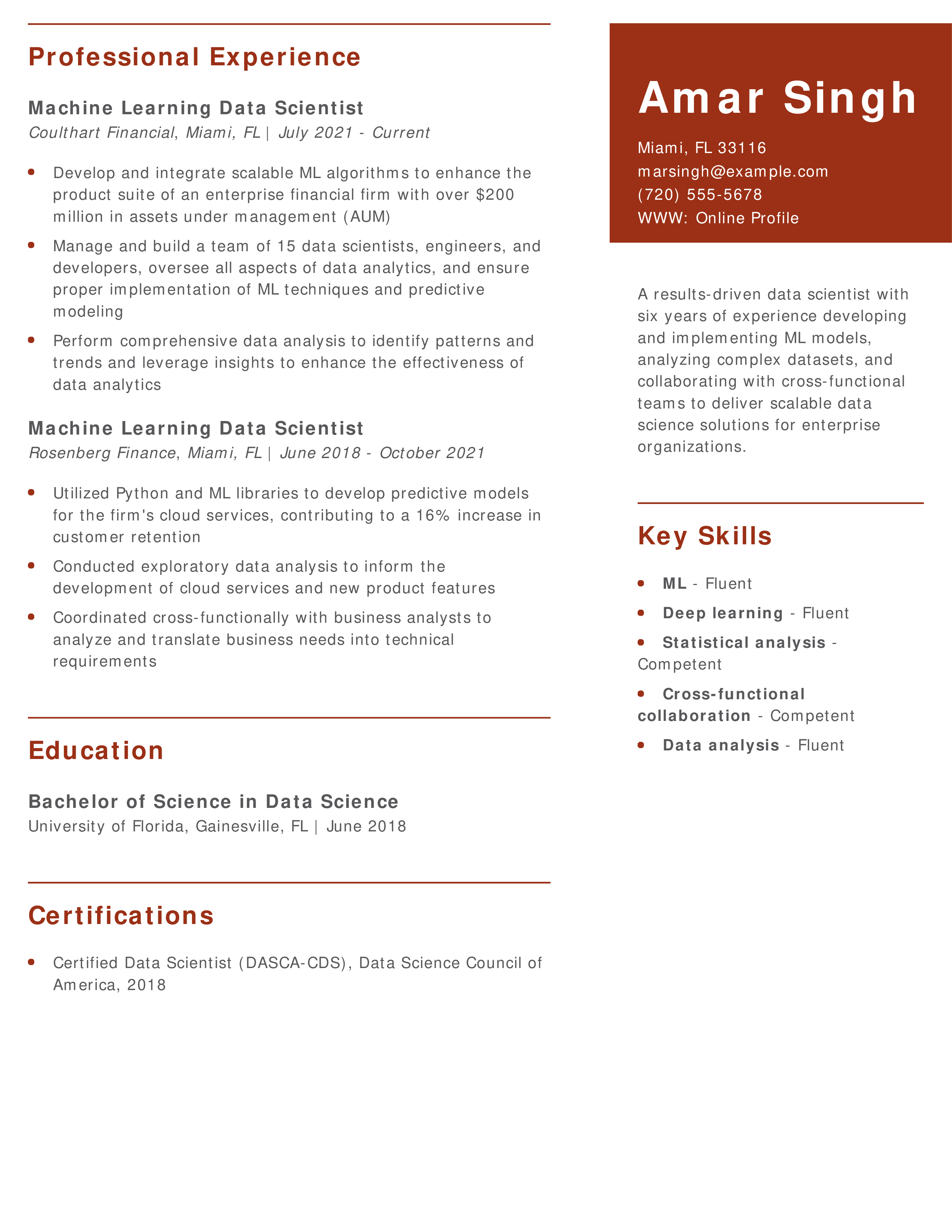 Machine Learning Data Scientist Resume