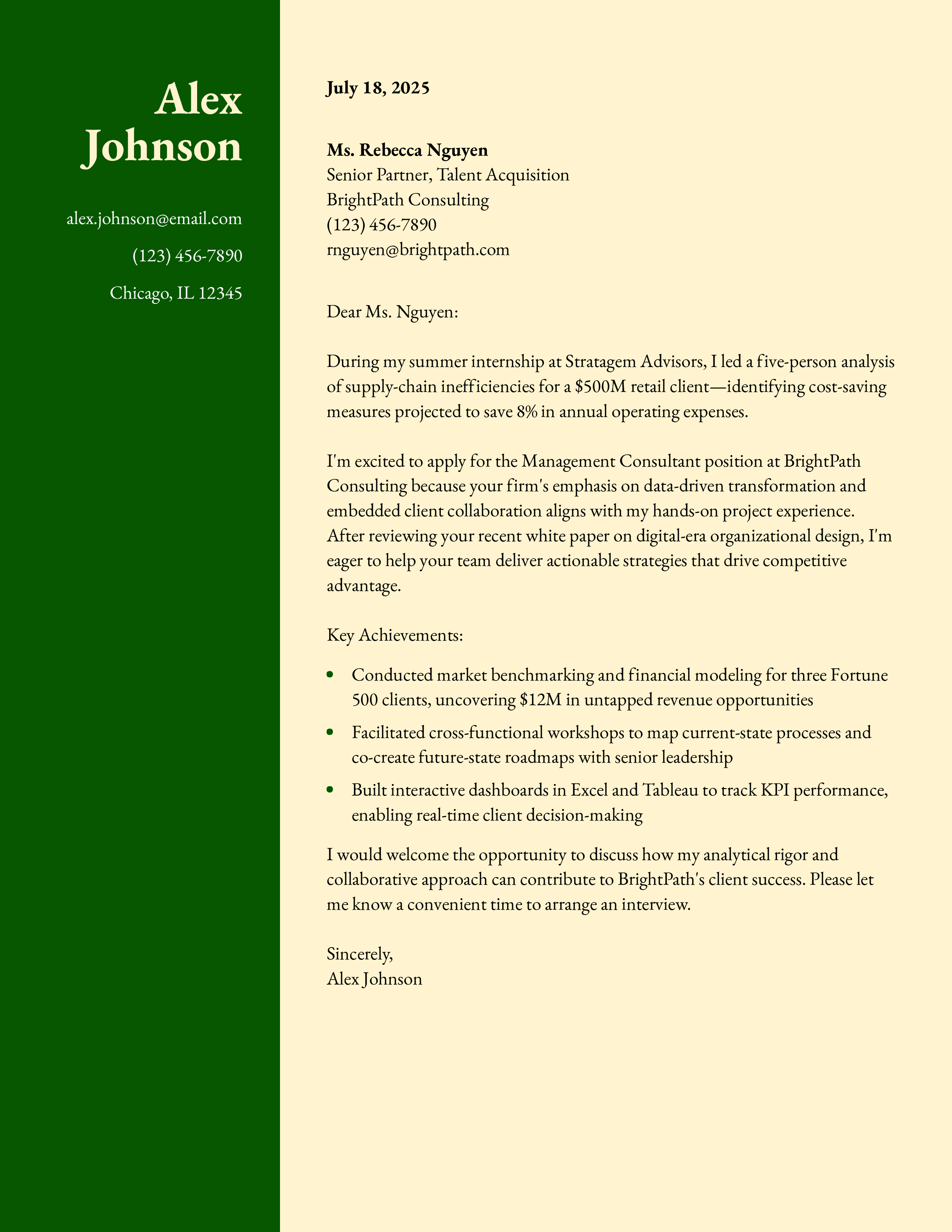 Management Consultant Cover Letter