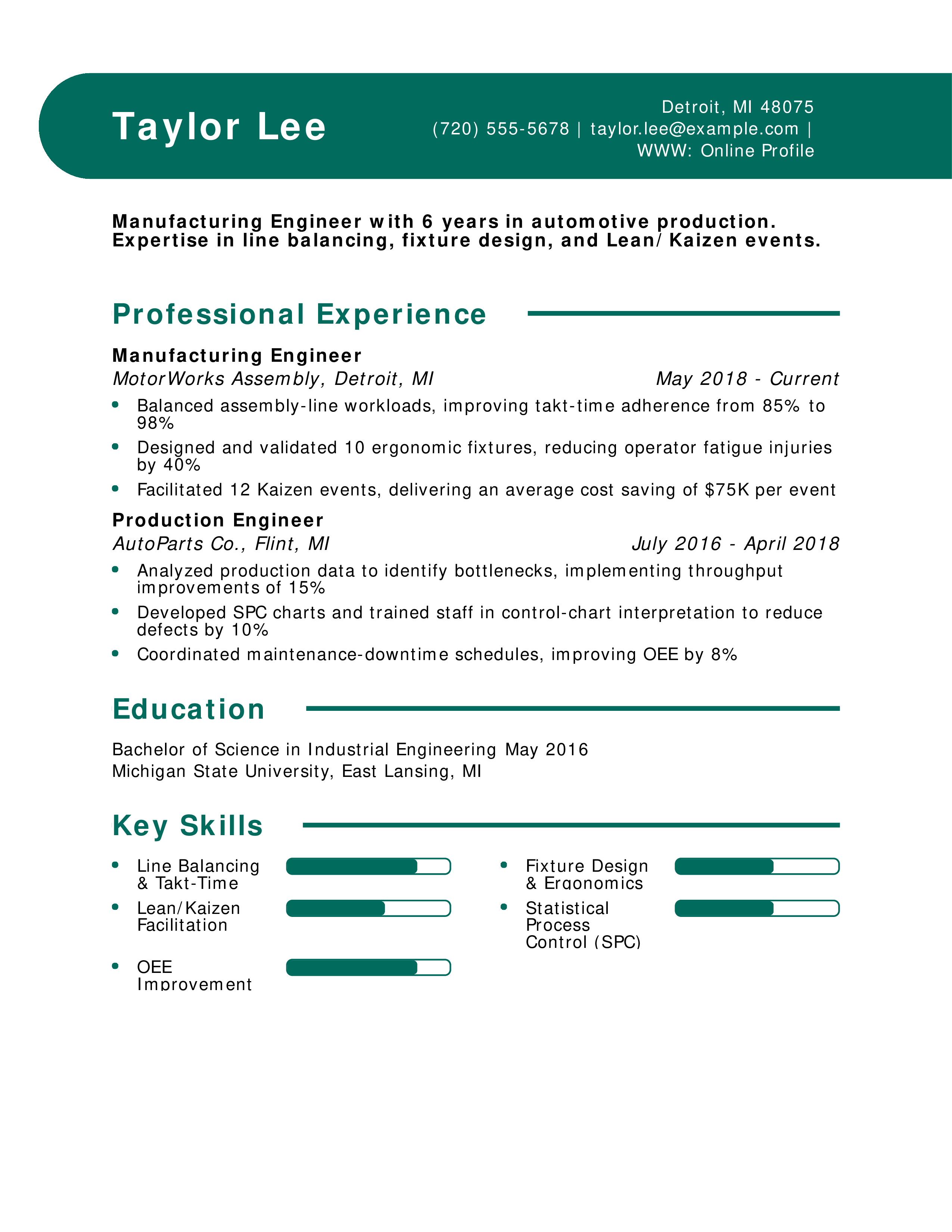 Manufacturing Engineer Resume