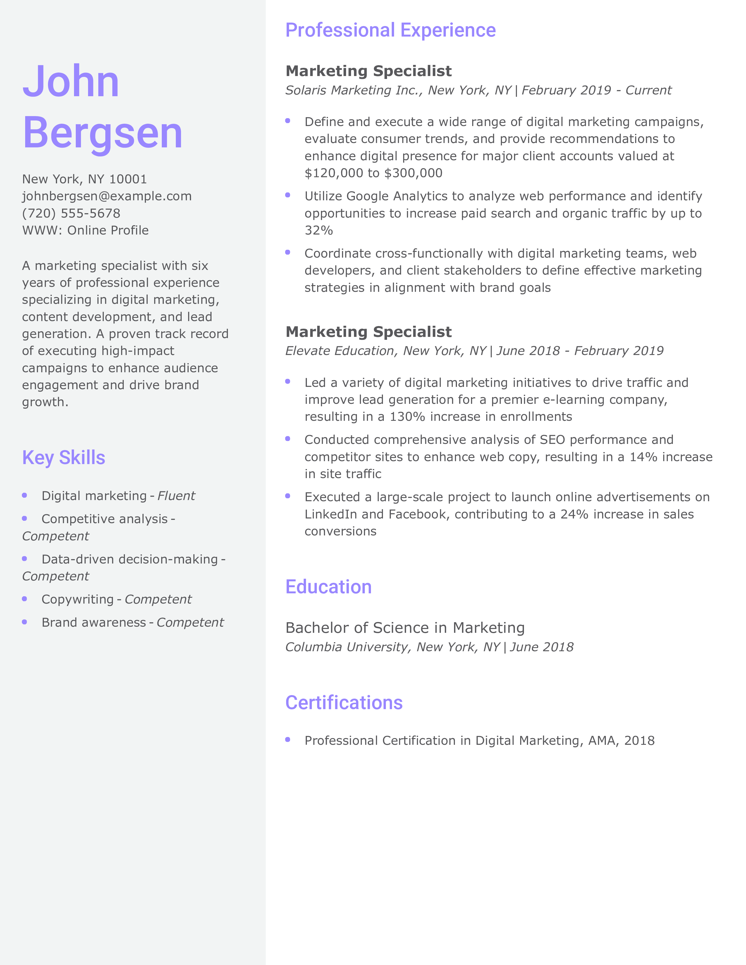 Marketing Specialist Resume