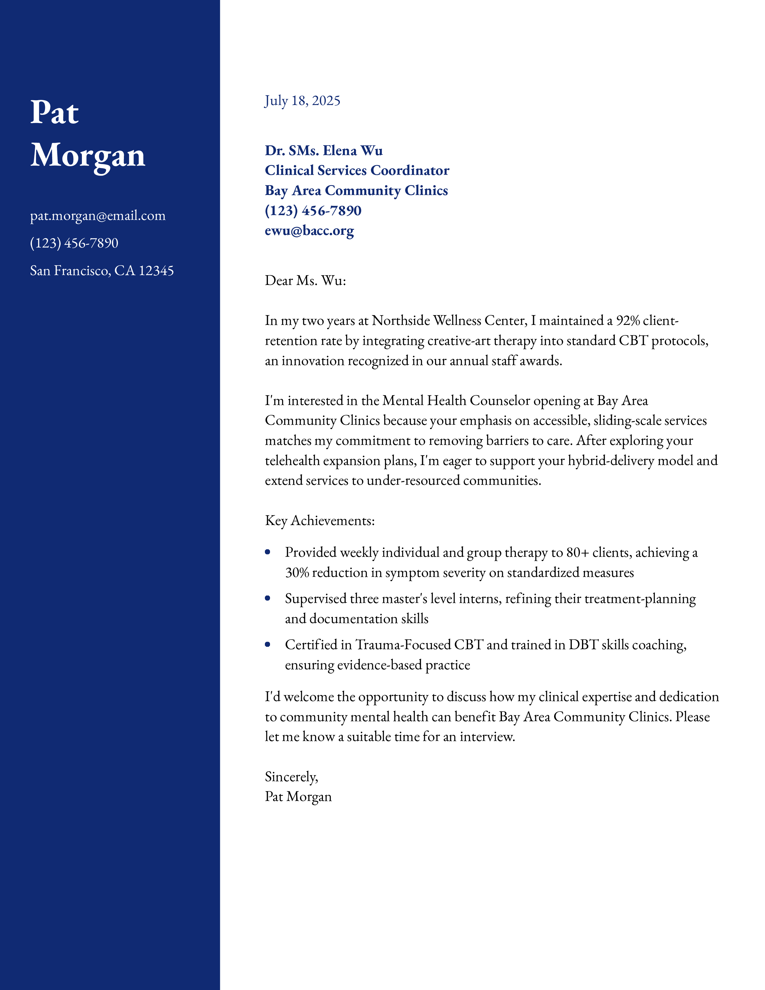 Mental Health Counselor (General) Cover Letter