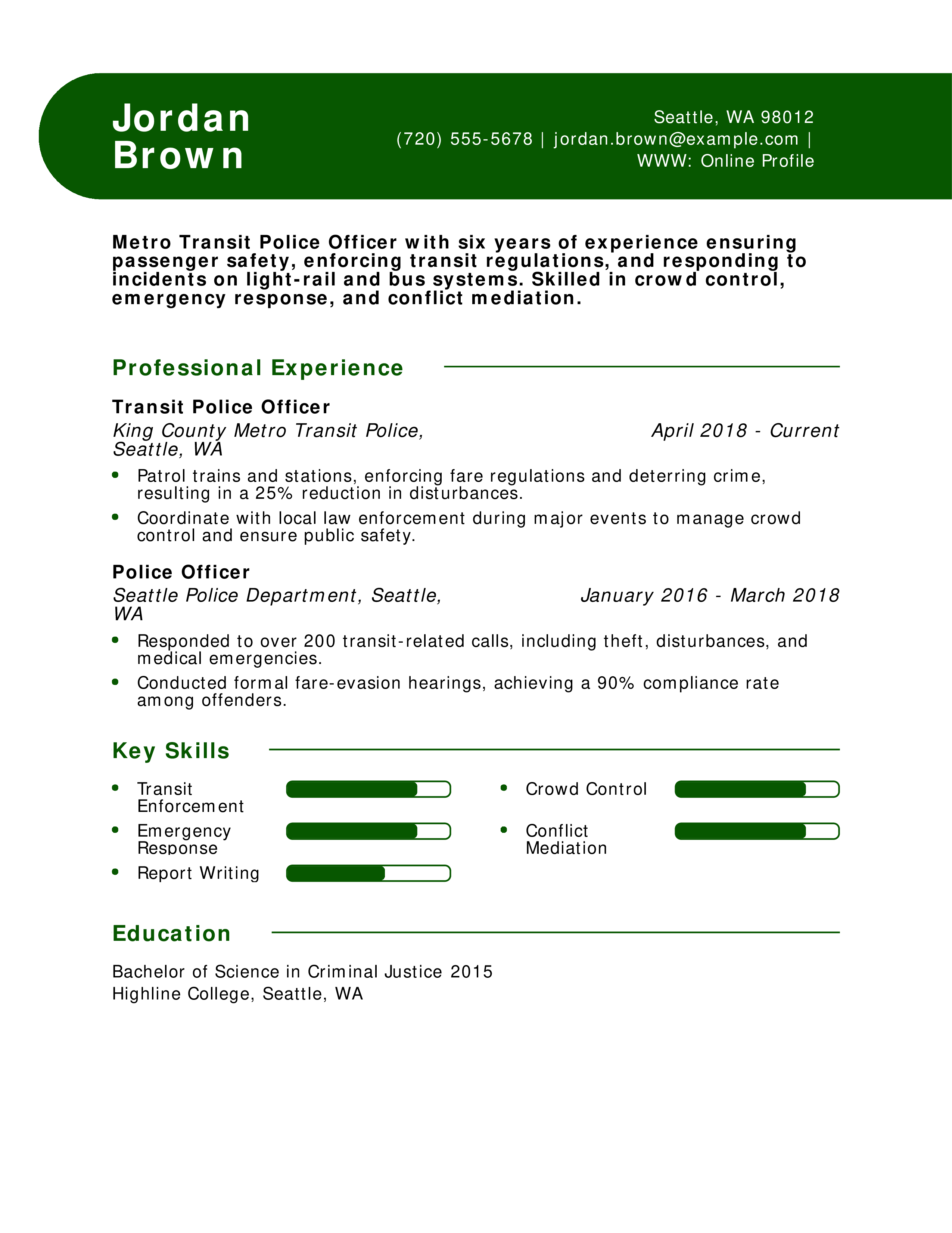 Metro Transit Police Officer Resume