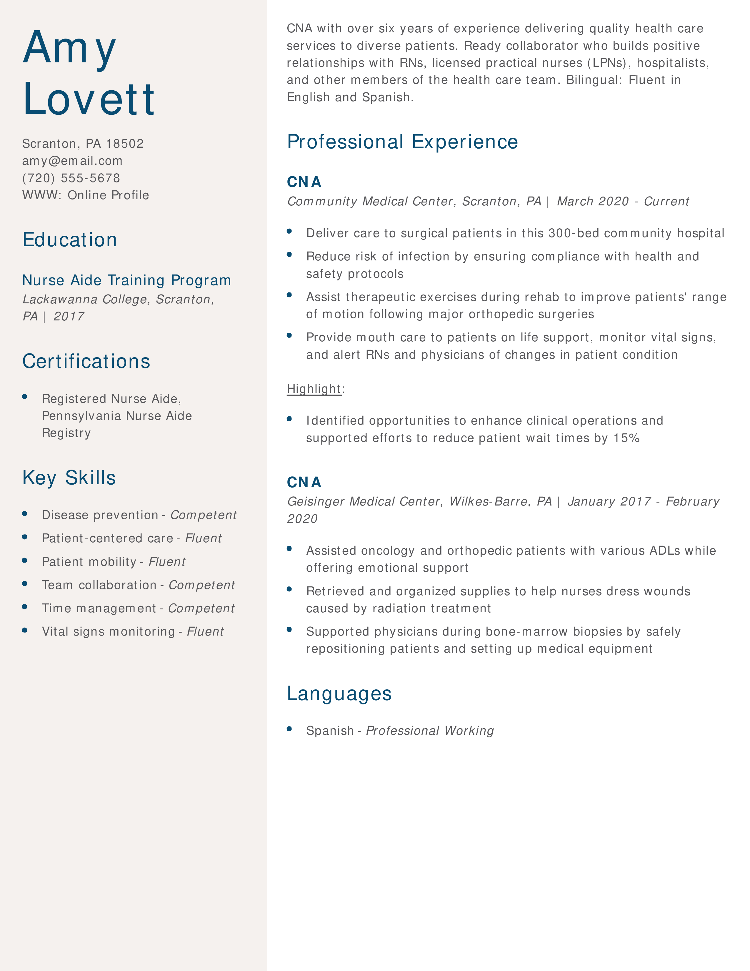 Mid-Career CNA Resume