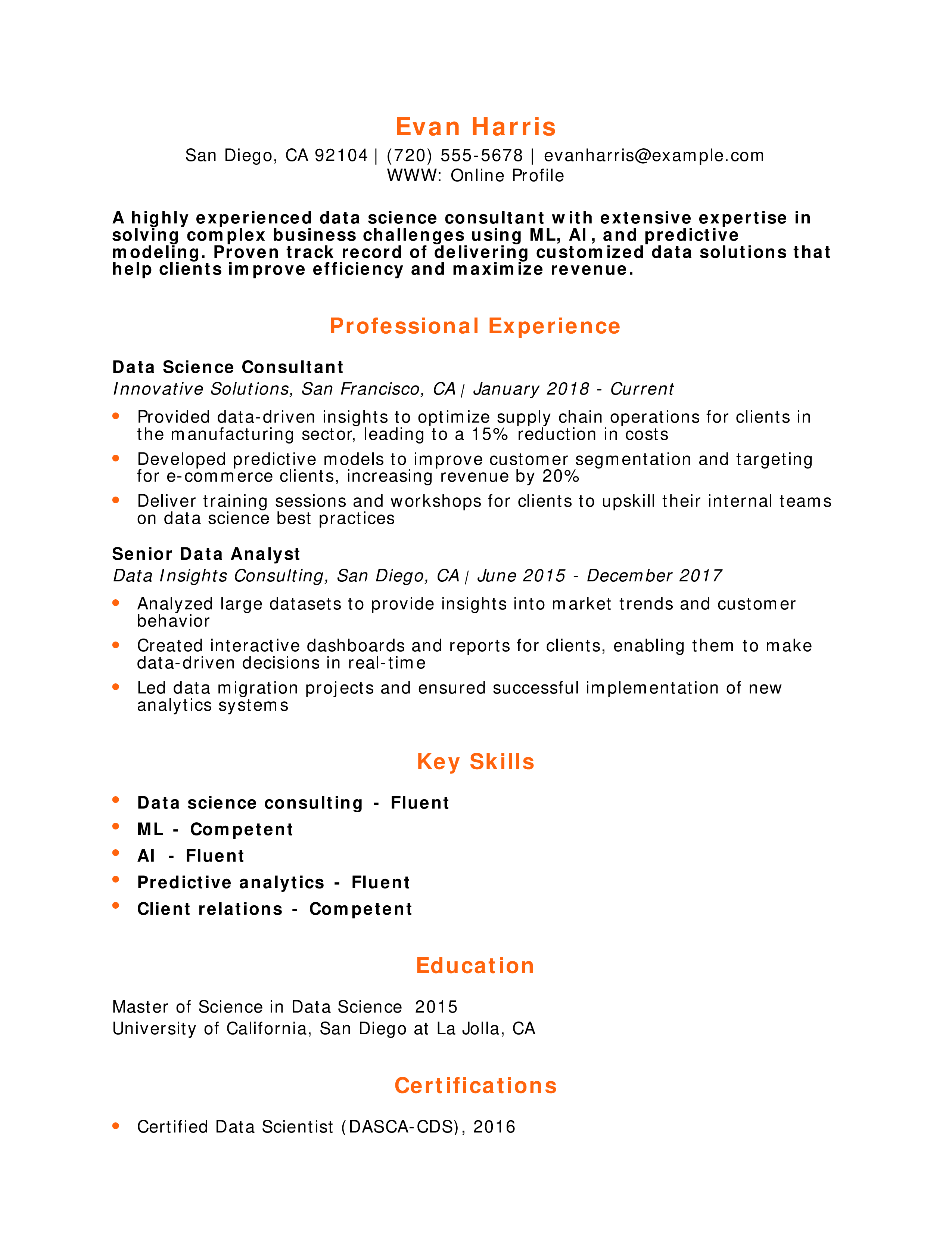 Mid-Level Data Science Consultant Resume