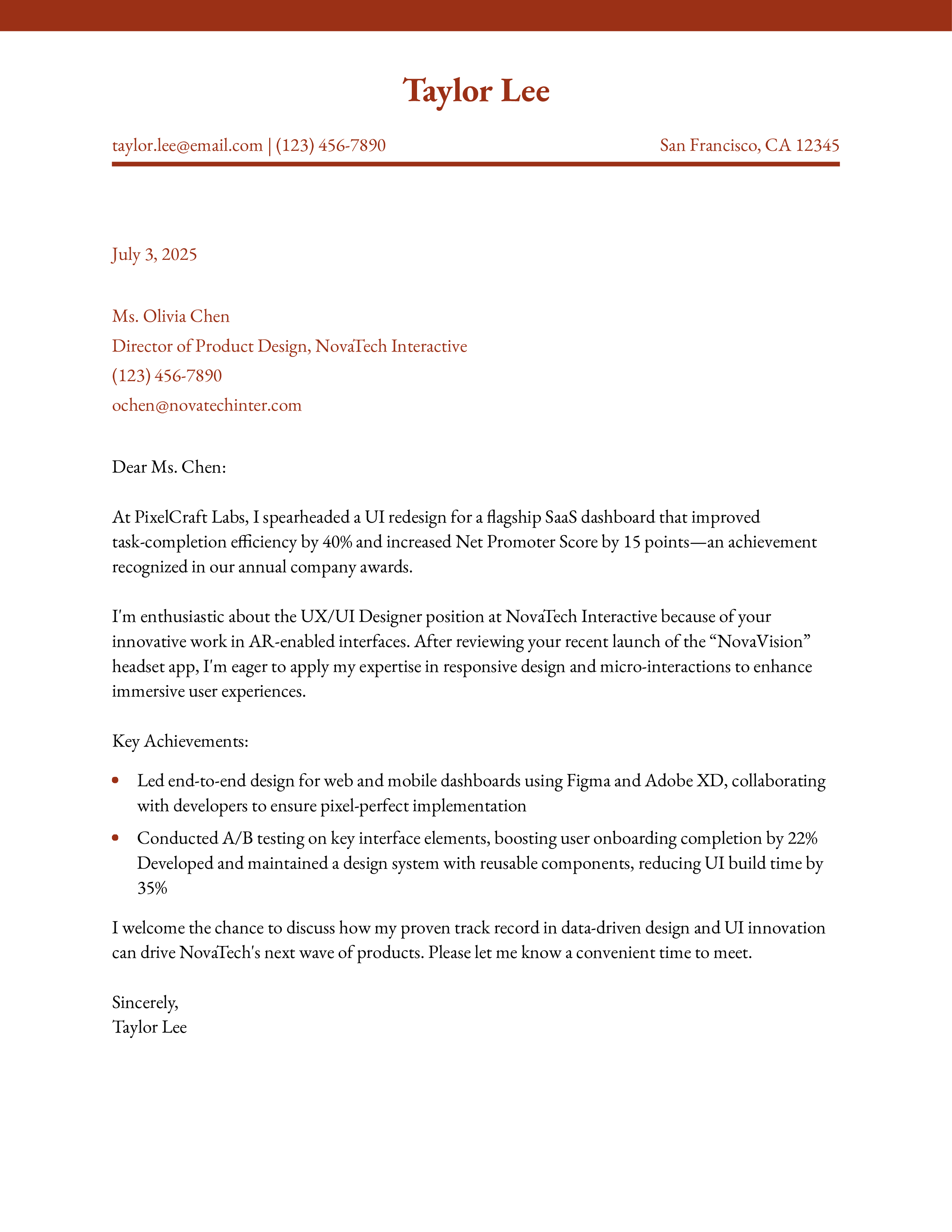 Mid-Level UX/UI Designer Cover Letter