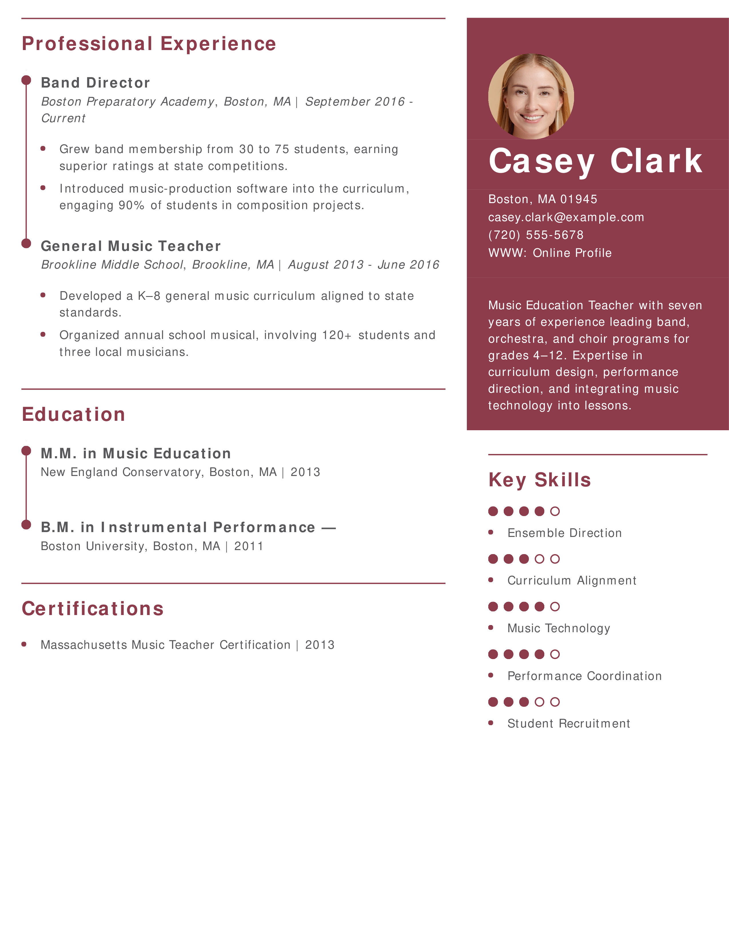Music Education Teacher Resume