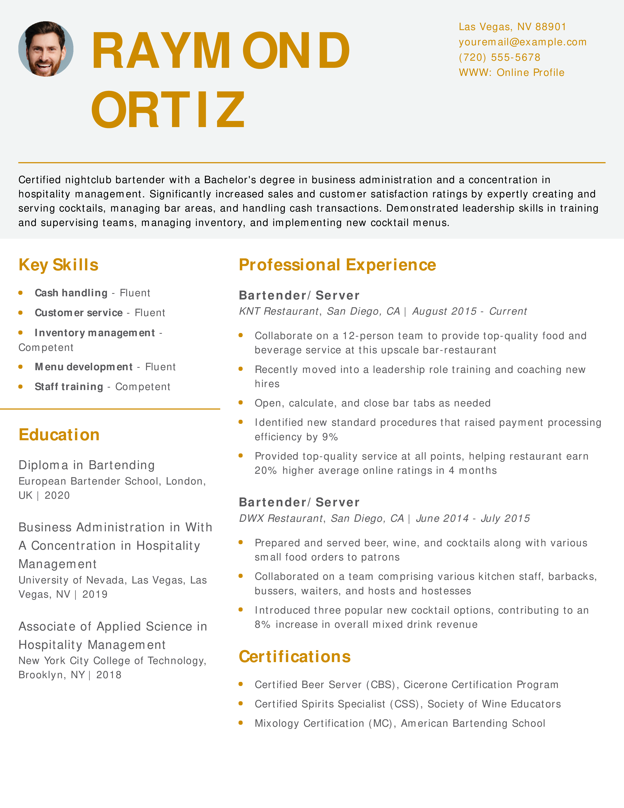 Nightclub Bartender Resume