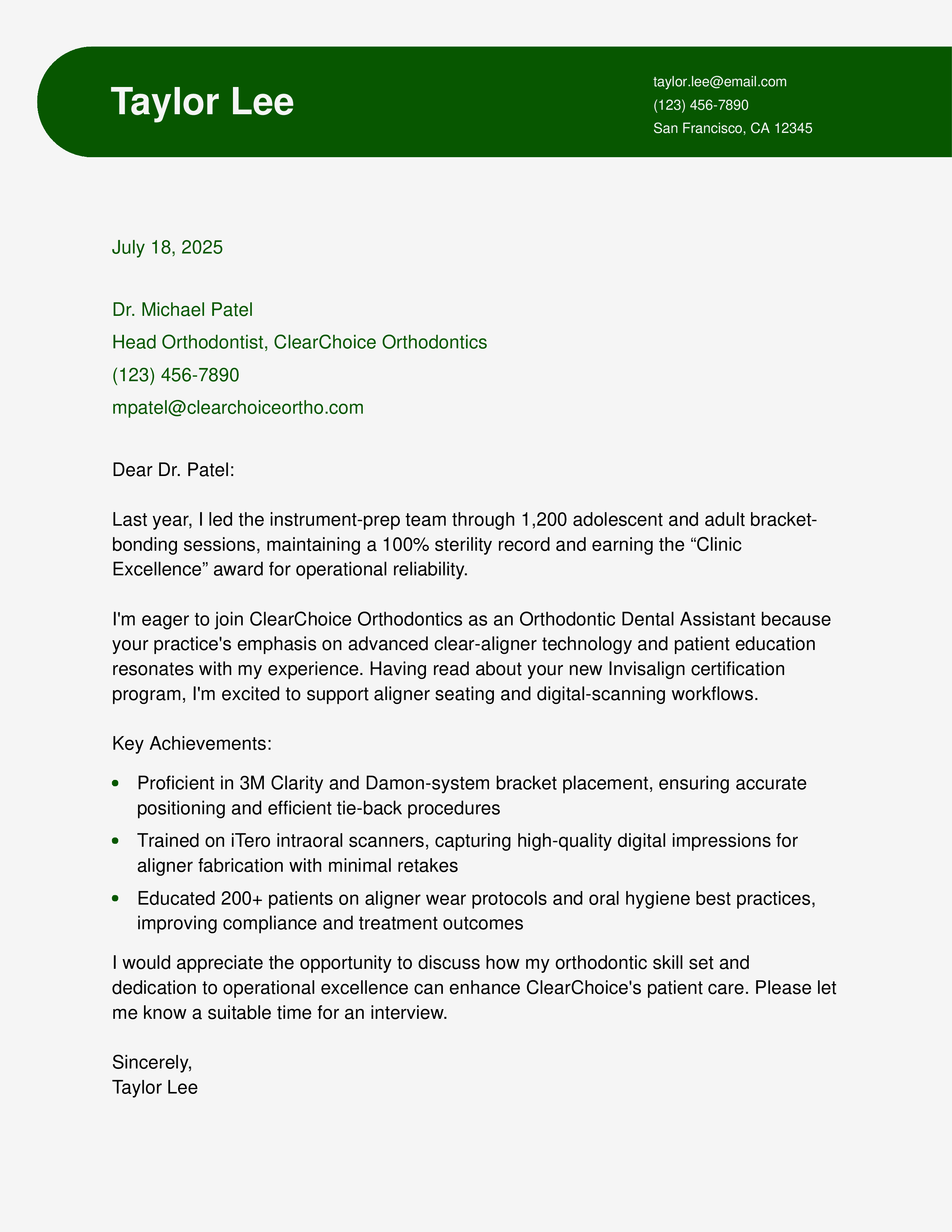 Orthodontic Dental Assistant Cover Letter