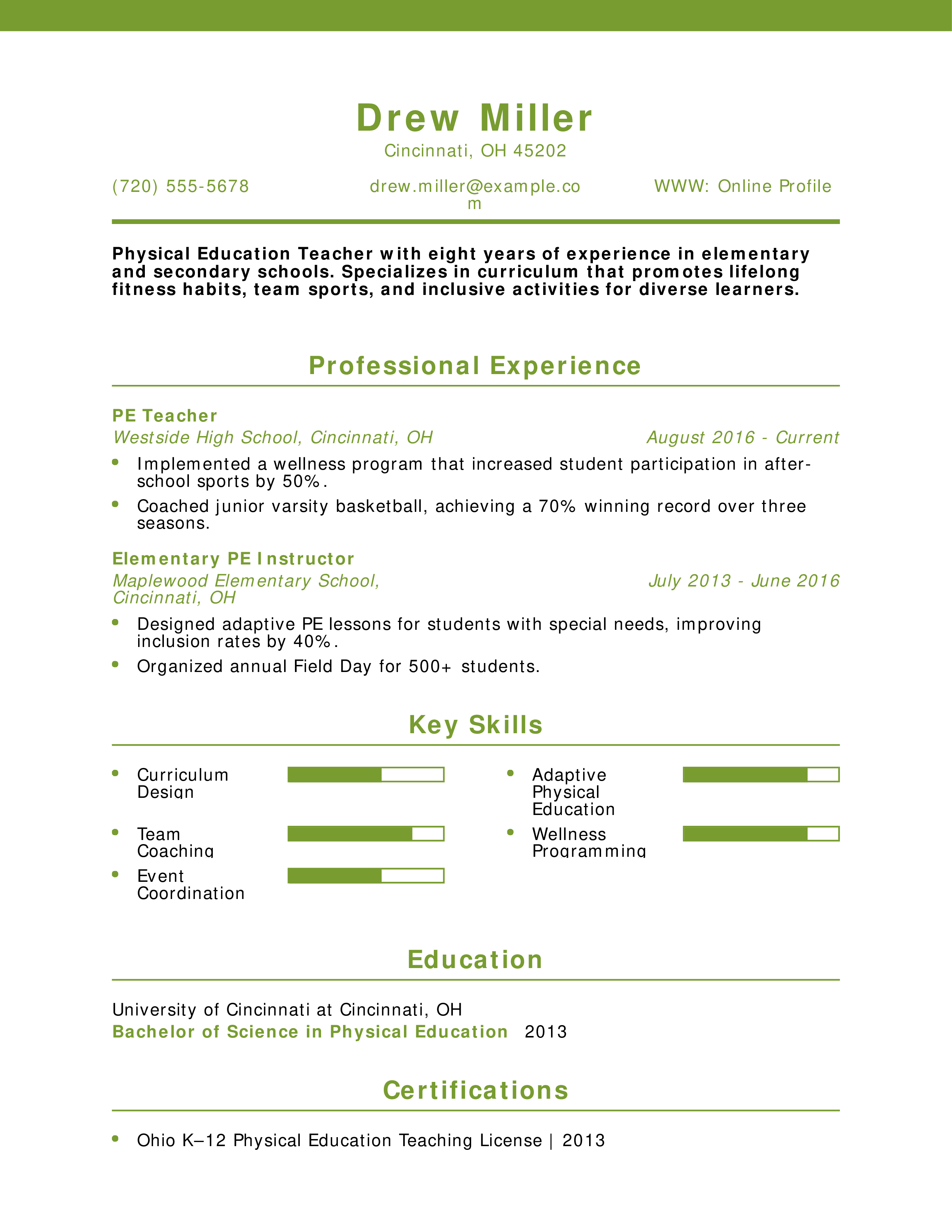 Physical Education Teacher Resume