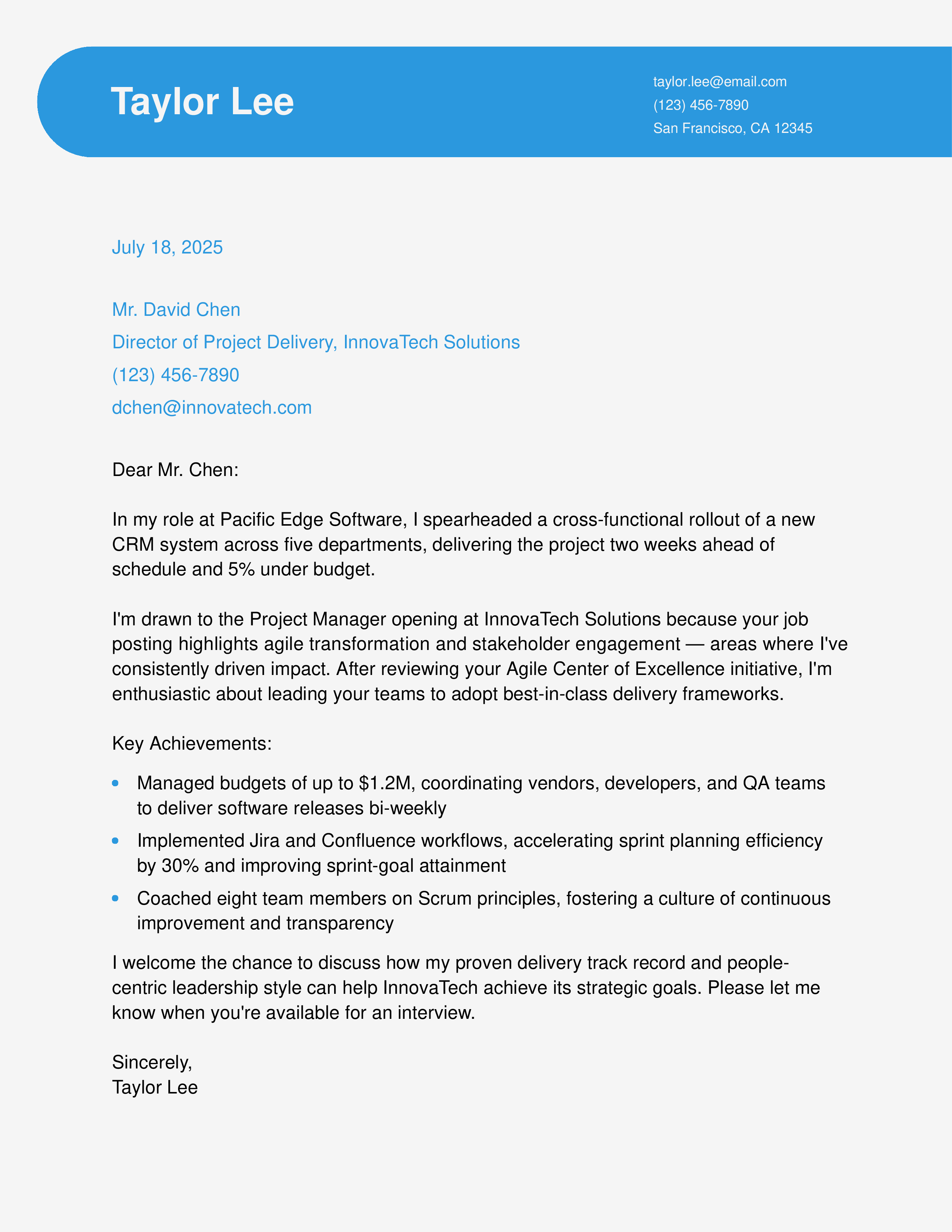 Project Manager Cover Letter