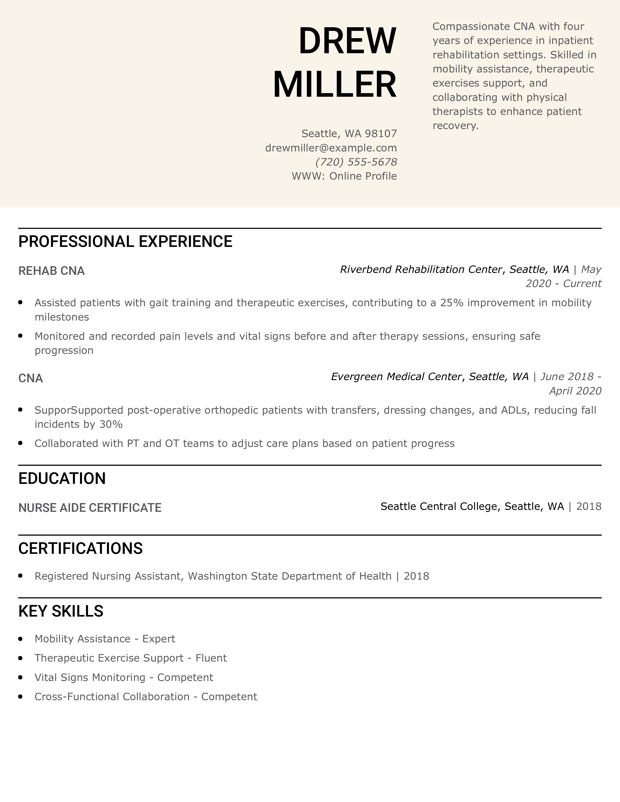 Rehabilitation Unit CNA Resume