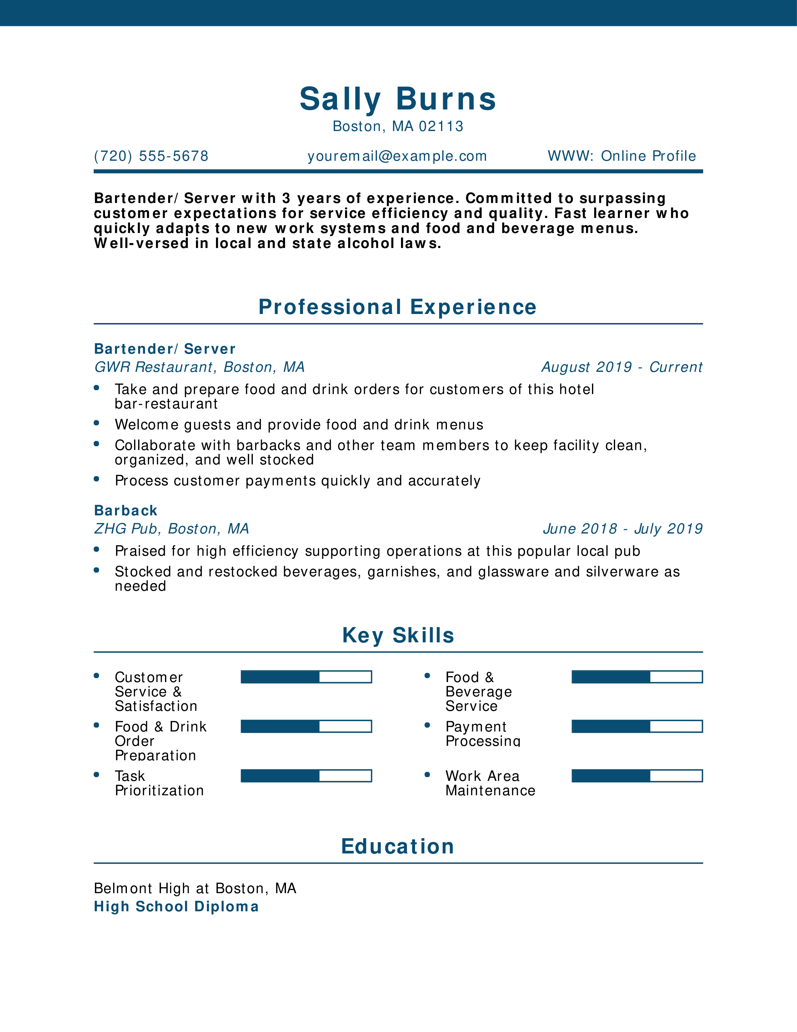 Restaurant Bartender/Server Resume
