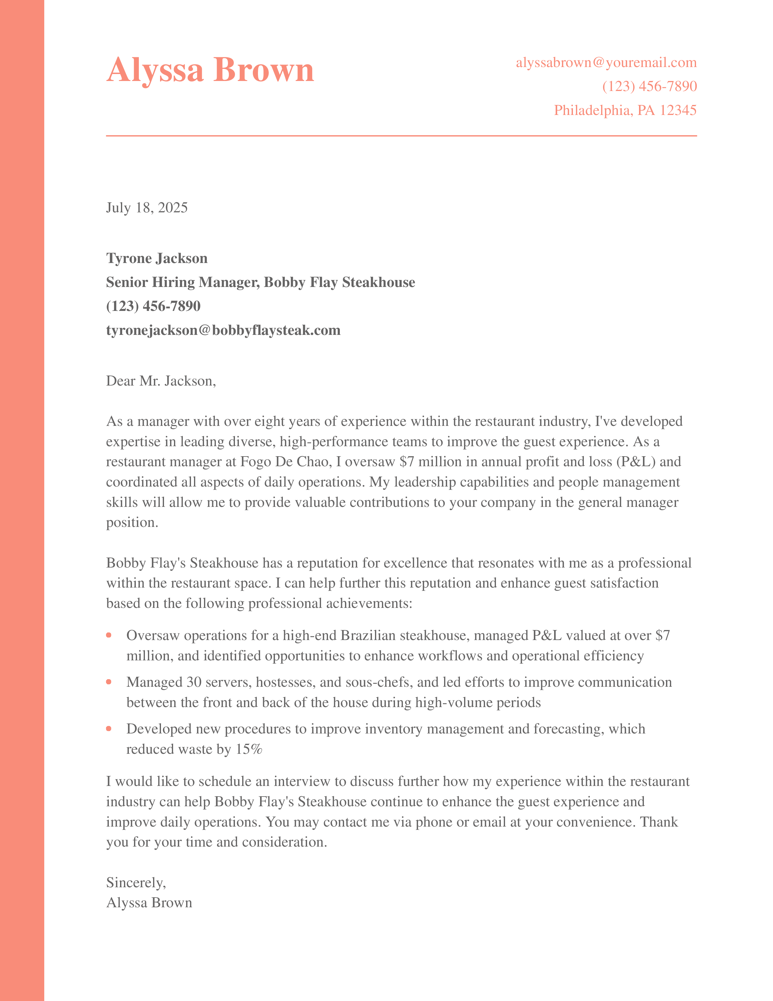 Restaurant Manger Cover Letter