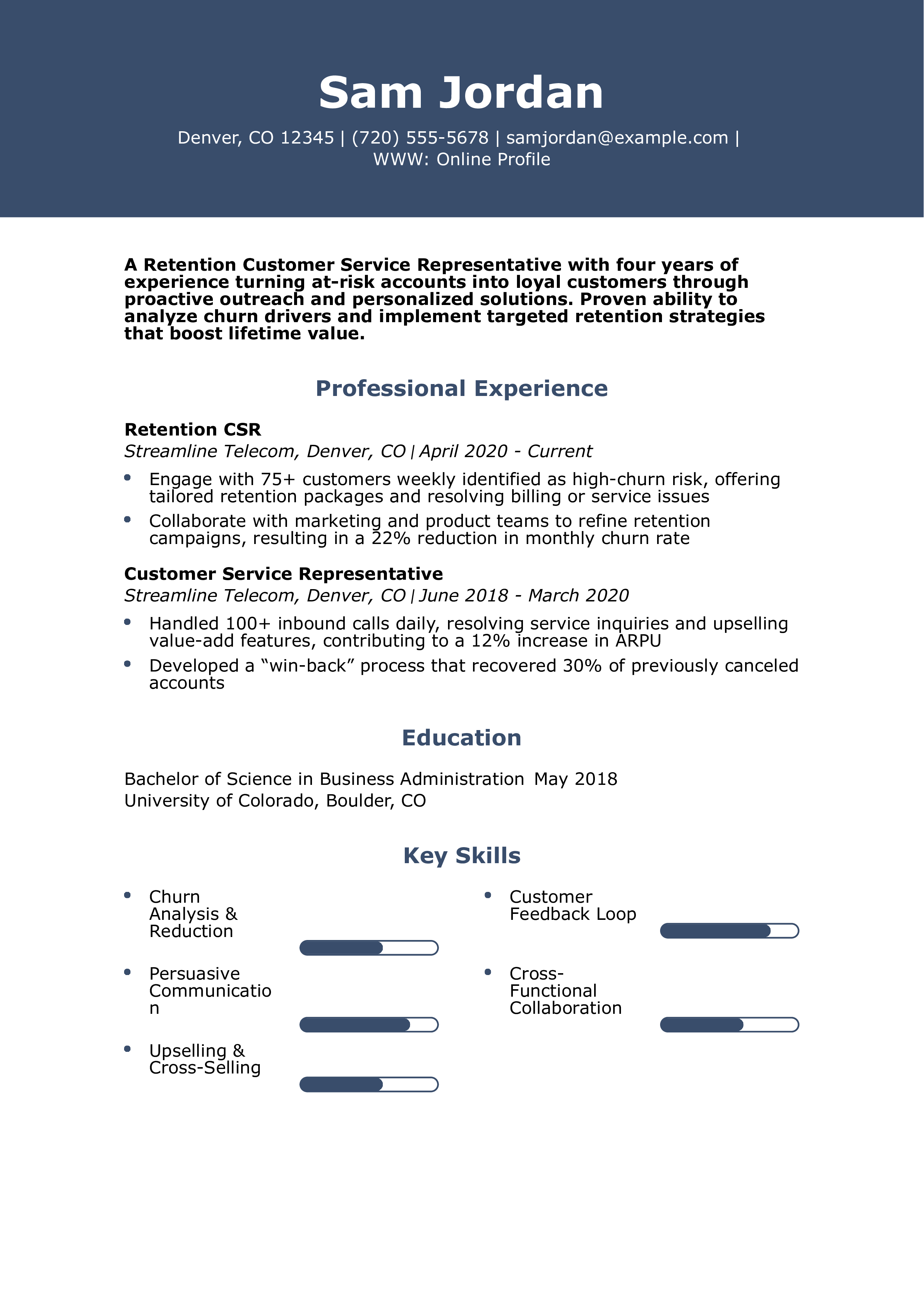 Retention Customer Service Representative Resume