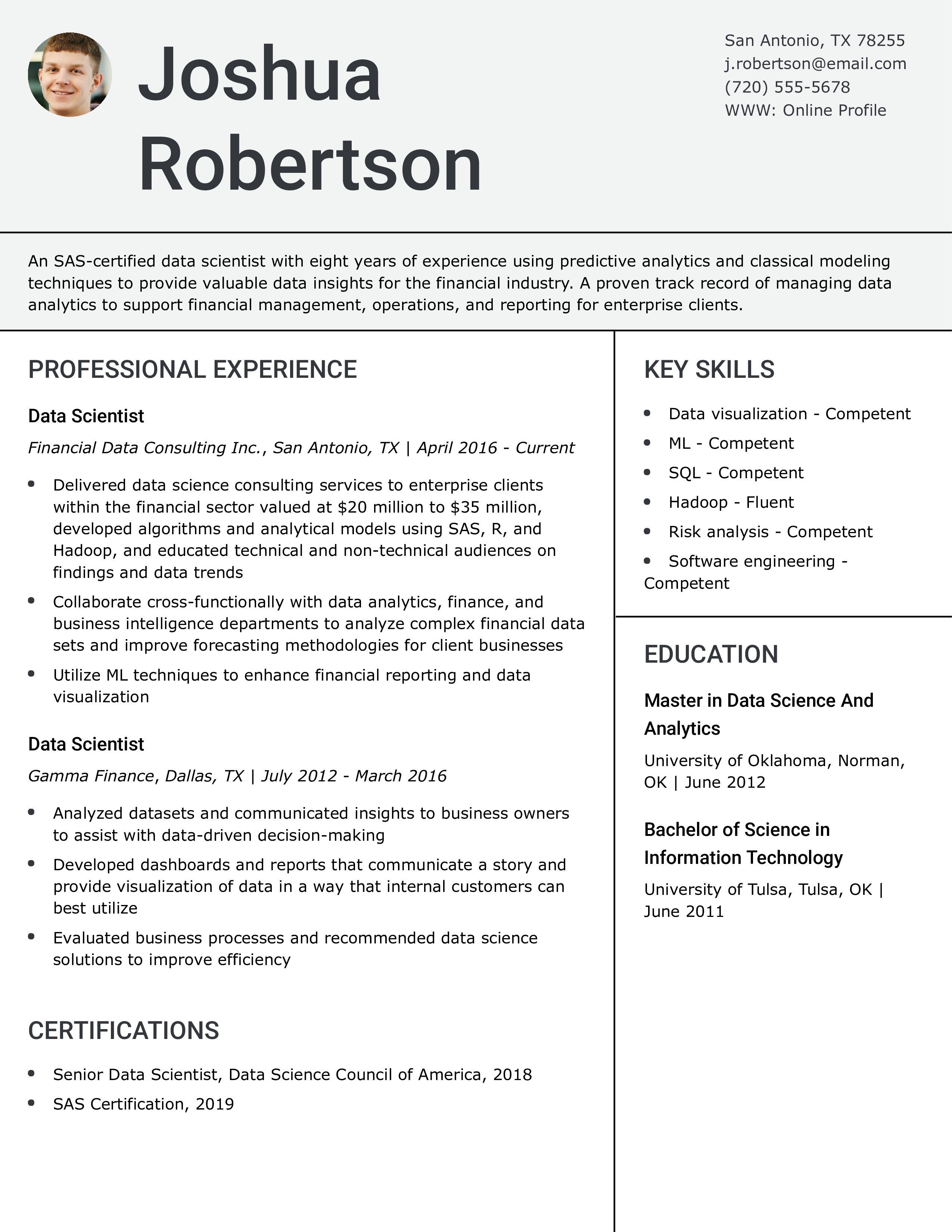 SAS Certified Data Scientist Resume