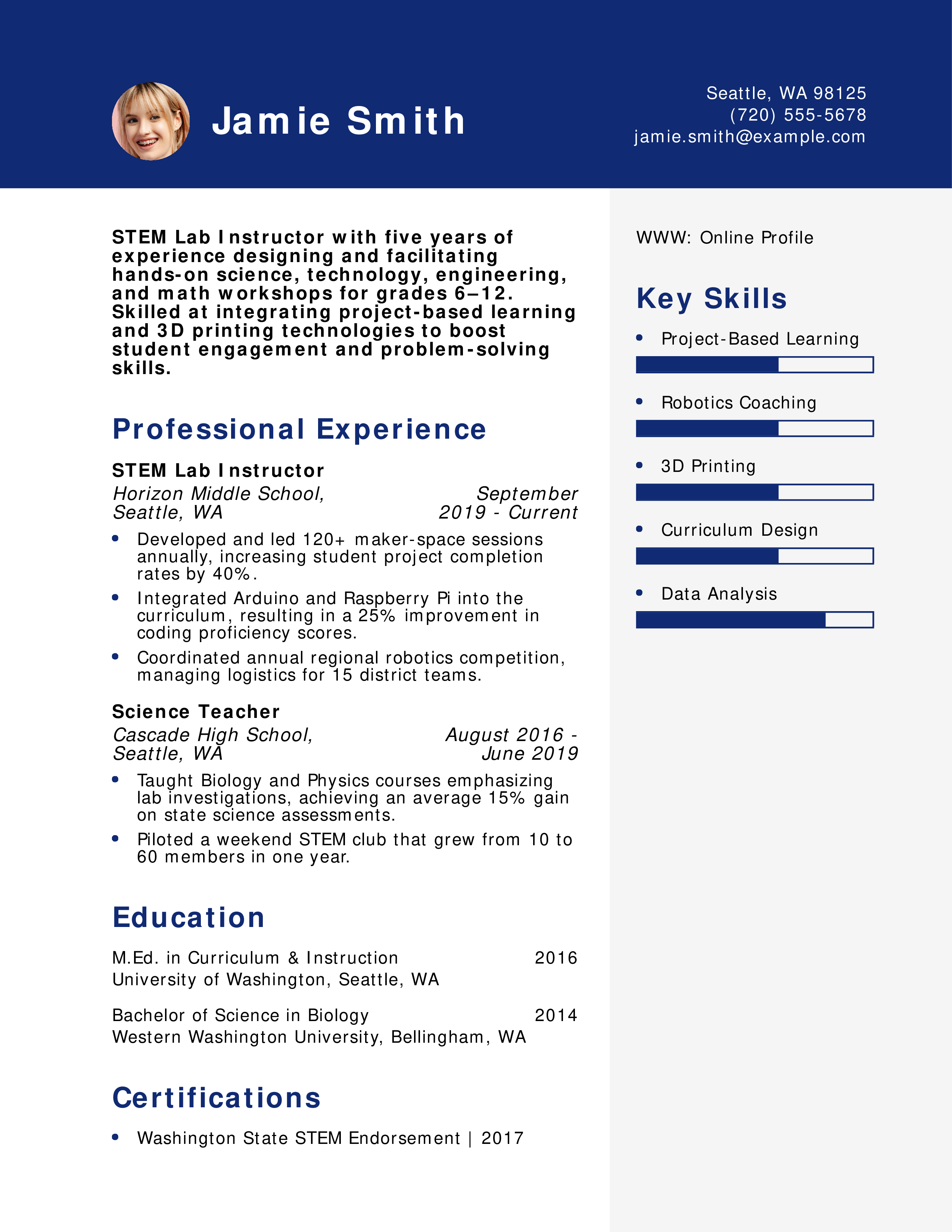 STEM Lab Instructor Resume