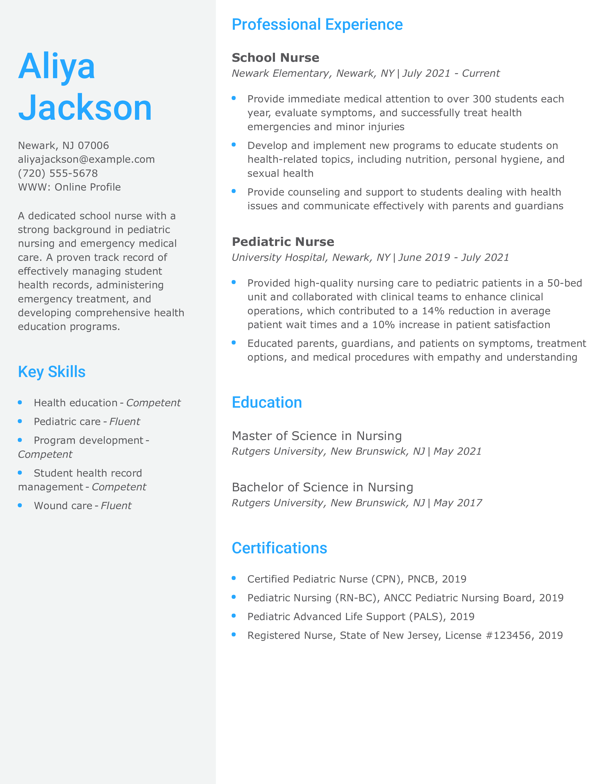 School Nurse Resume