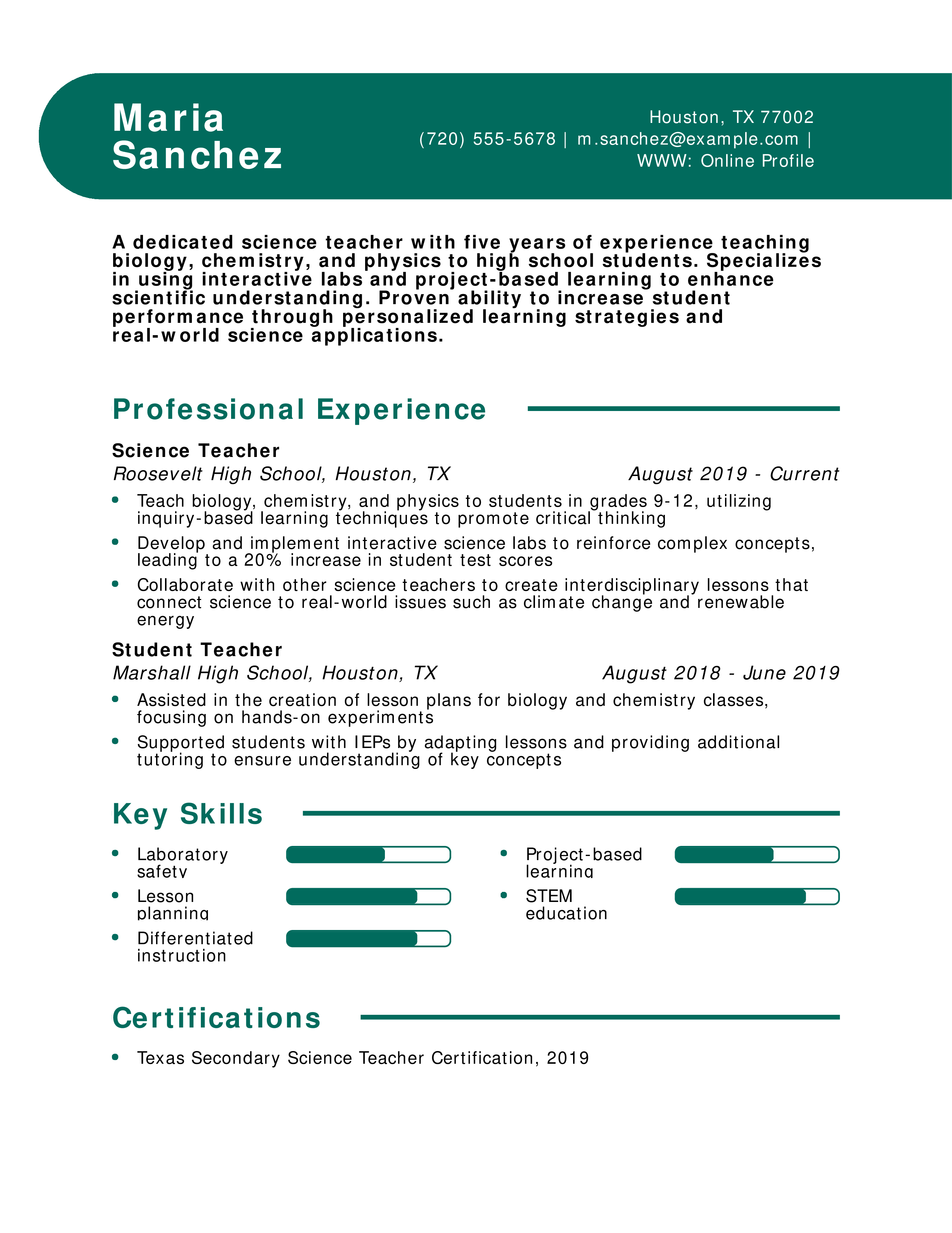 Science Teacher Resume