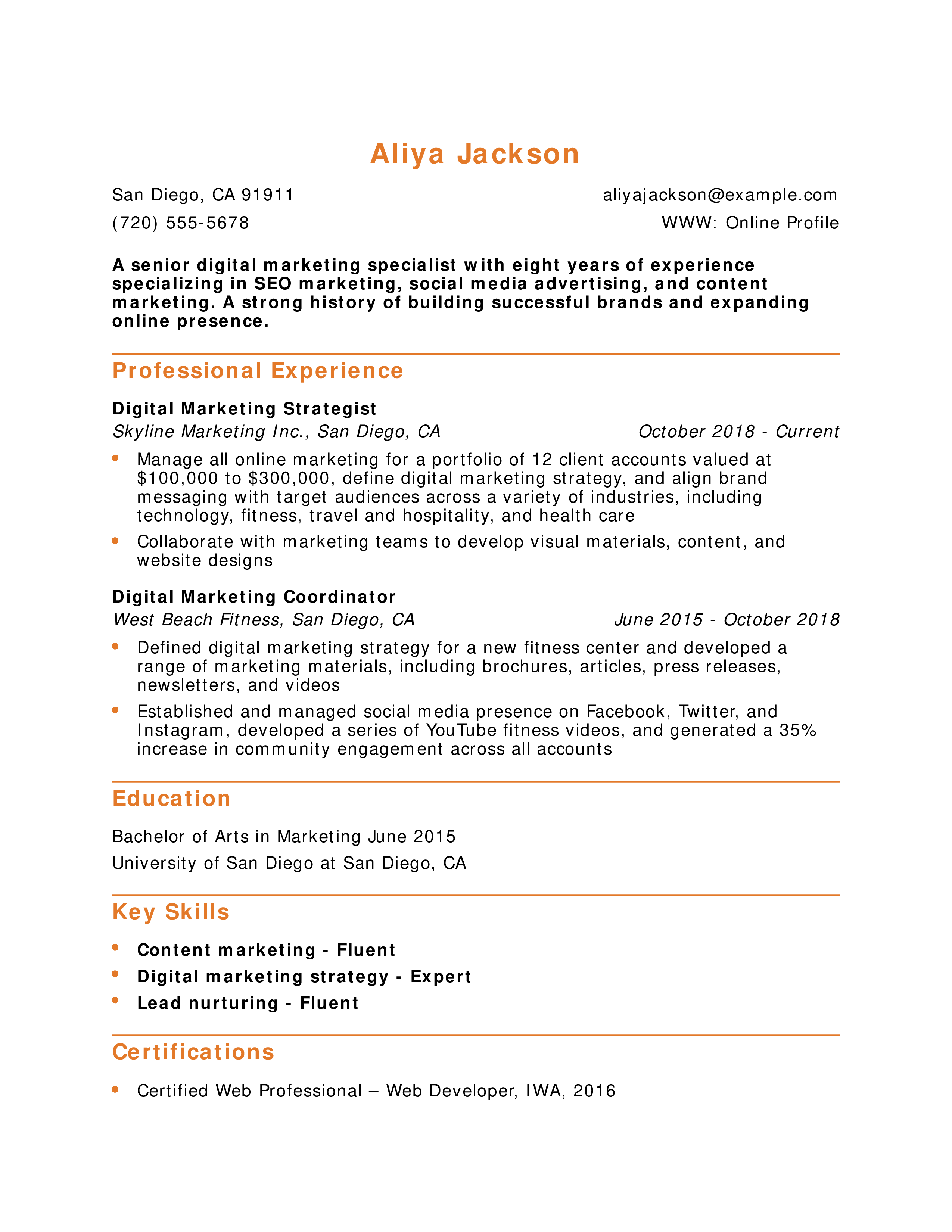 Senior Digital Marketing Specialist Resume