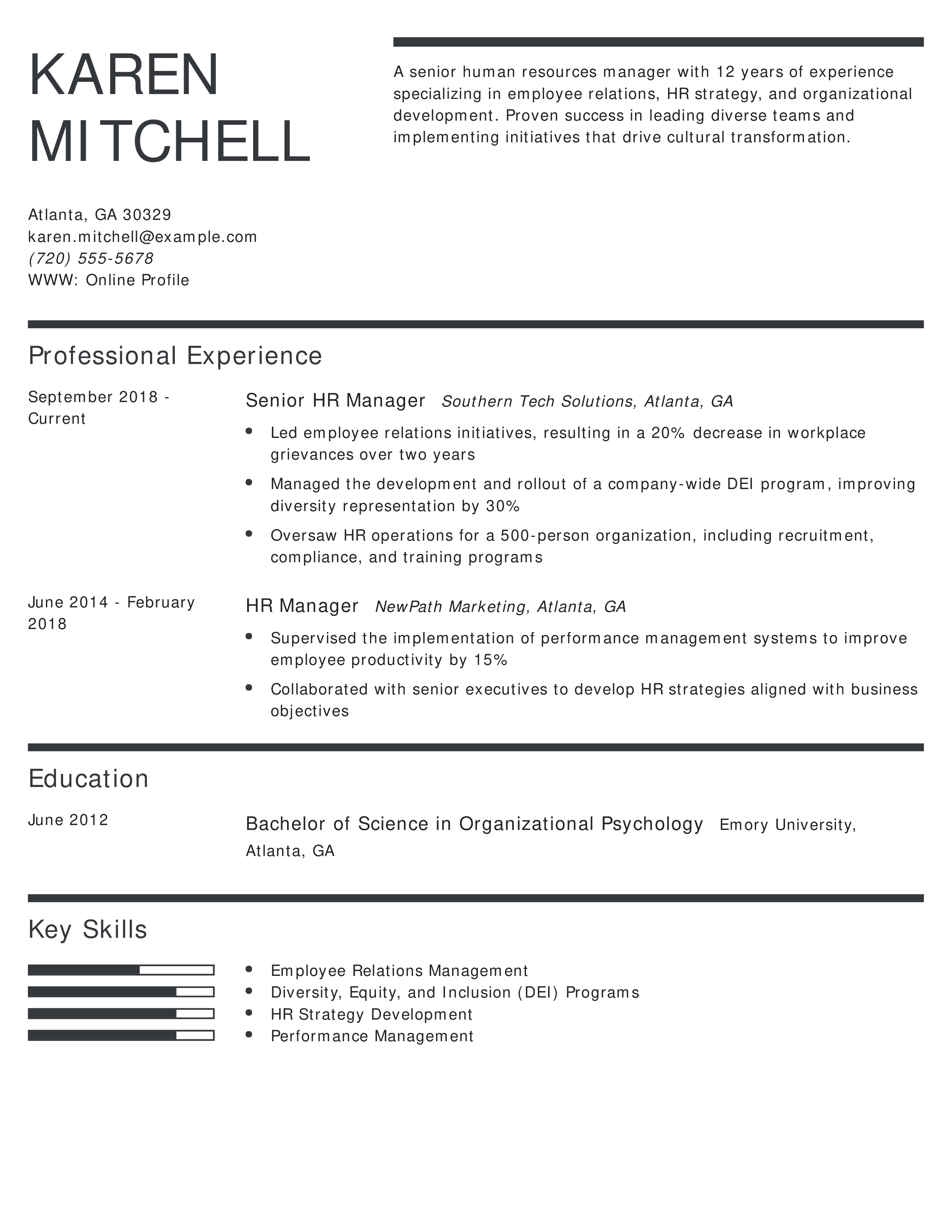 Senior Human Resources Manager Resume