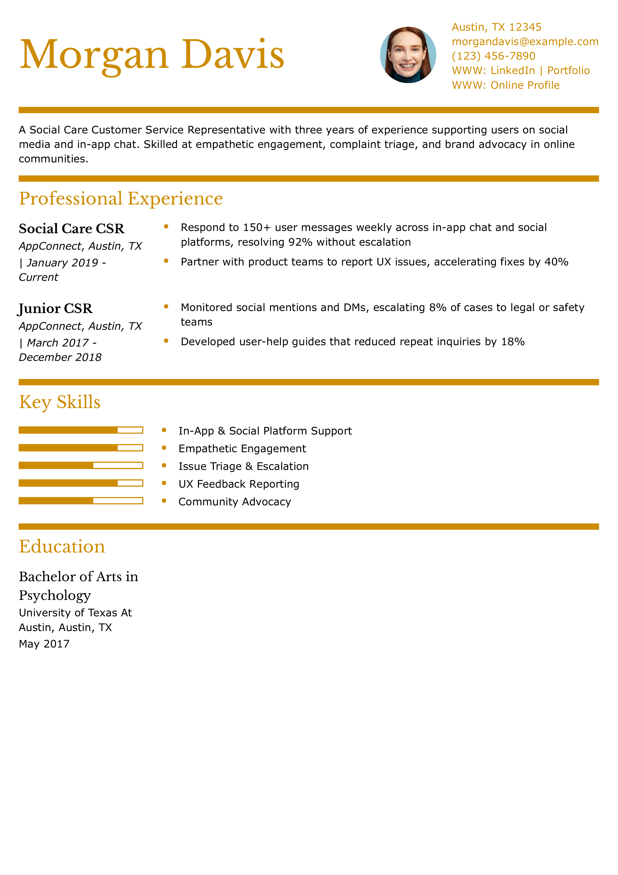 Social Care Customer Service Representative Resume