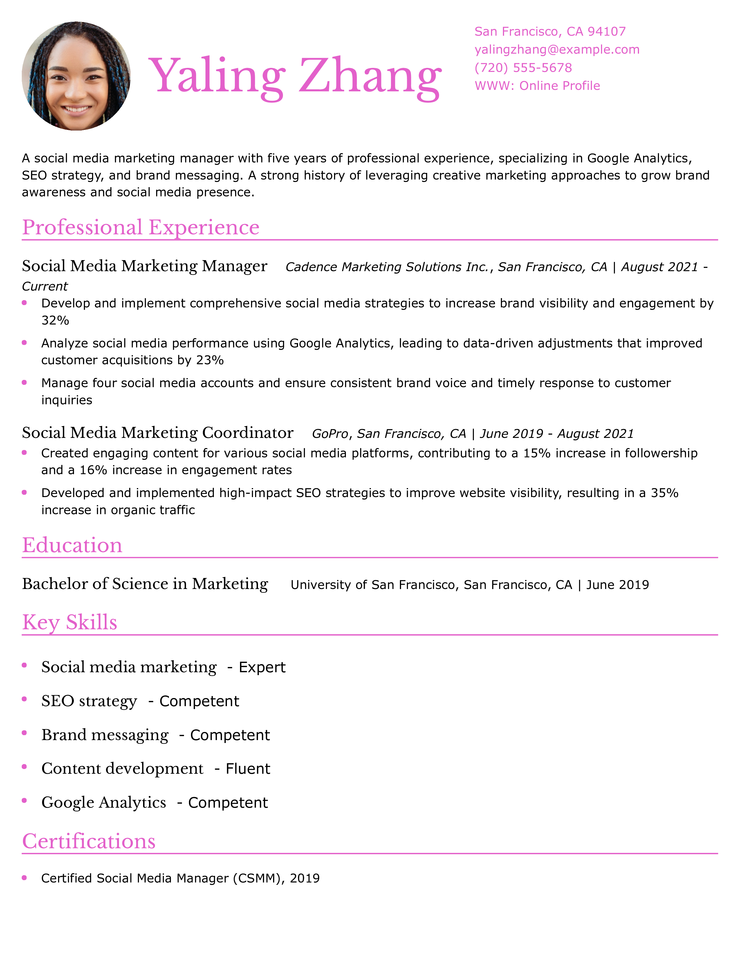 Social Media Marketing Resume