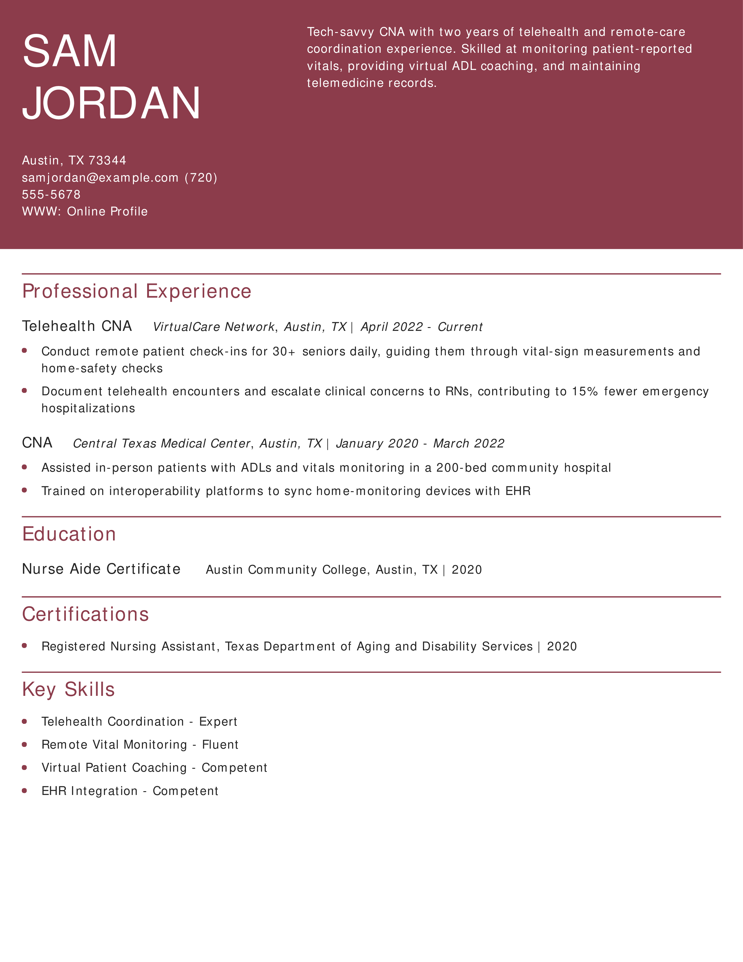 Telehealth CNA Resume
