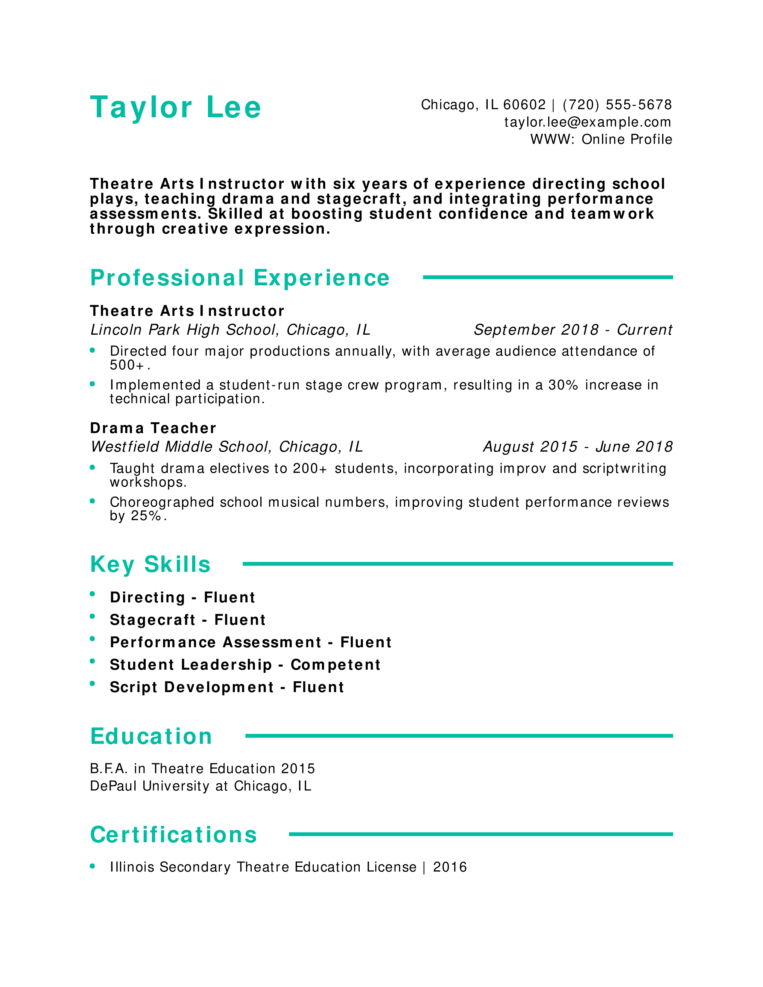 Theatre Arts Instructor Resume